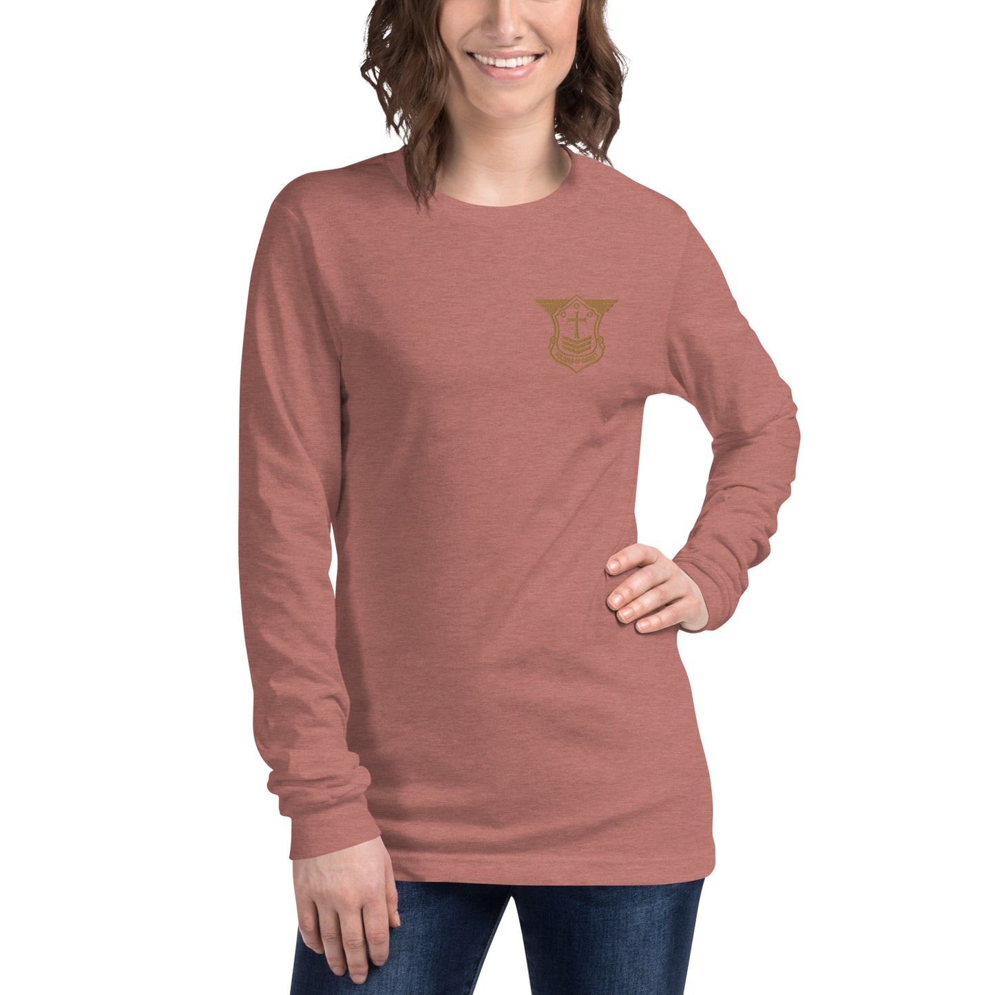 Unisex Long Sleeve T-Shirt with Old Gold Embroidered Soldier of Christ Emblem