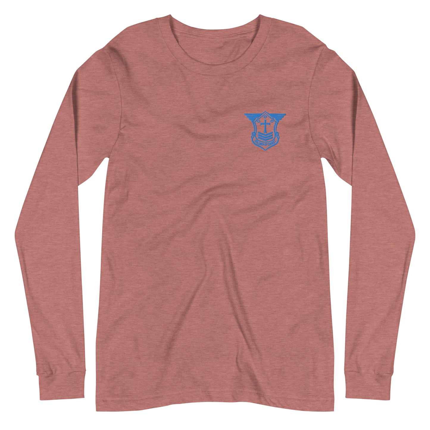 Unisex Long Sleeve T-Shirt with Aqua Teal Embroidered Soldier of Christ Emblem