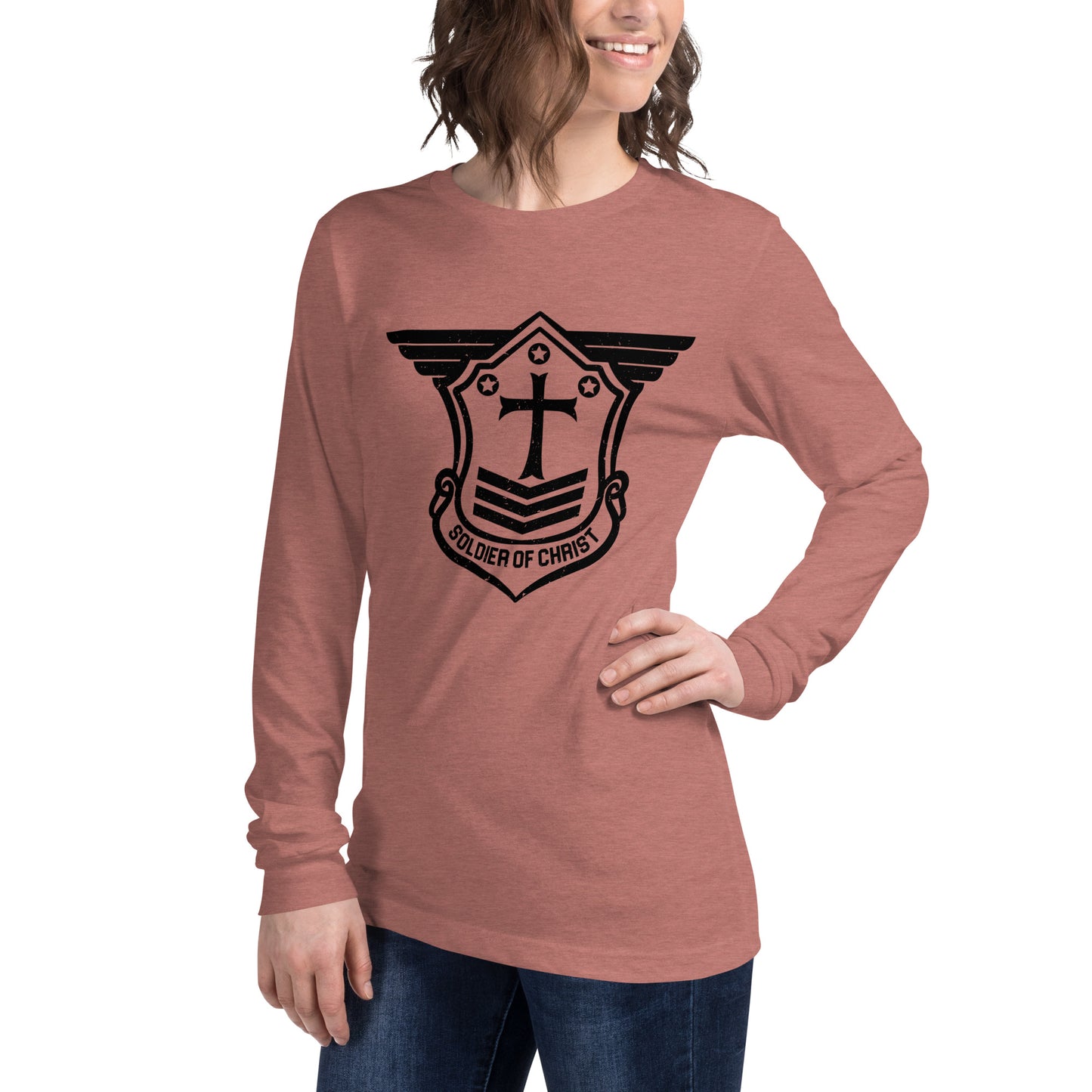 Unisex Long Sleeve T-Shirt with Black Soldier of Christ Emblem Front