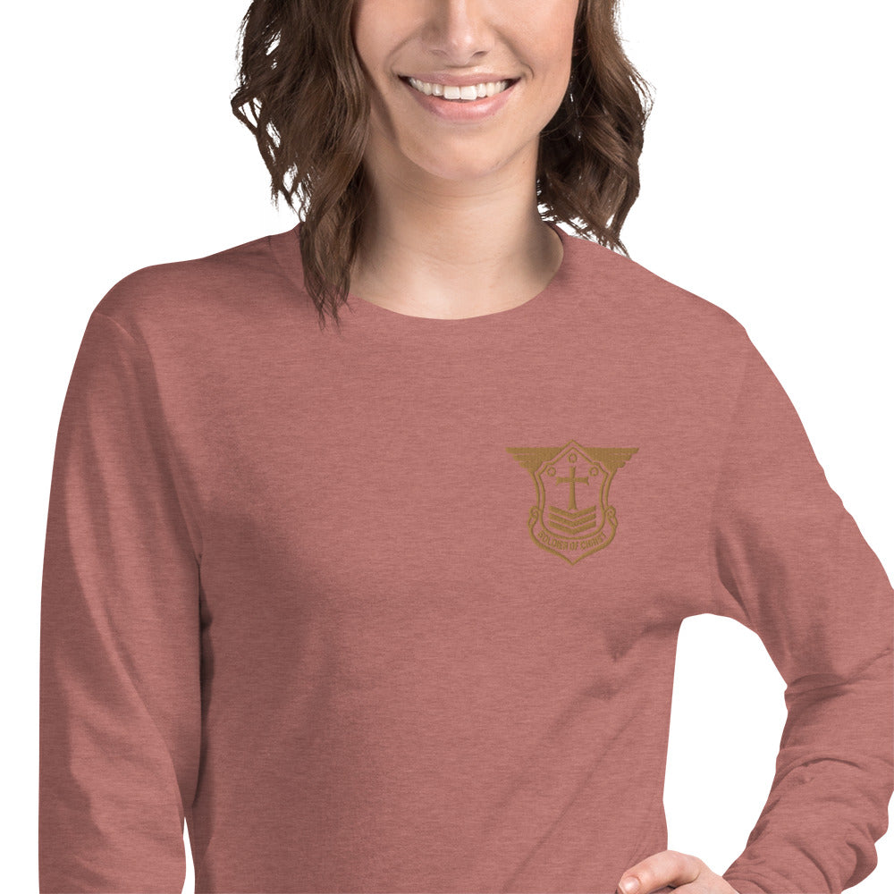 Unisex Long Sleeve T-Shirt with Old Gold Embroidered Soldier of Christ Emblem