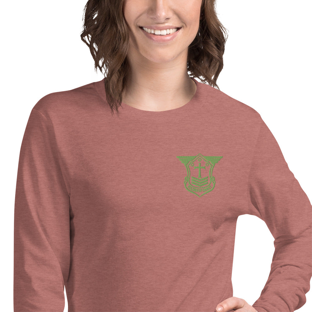 Unisex Long Sleeve T-Shirt with Kiwi Green Embroidered Soldier of Christ Emblem