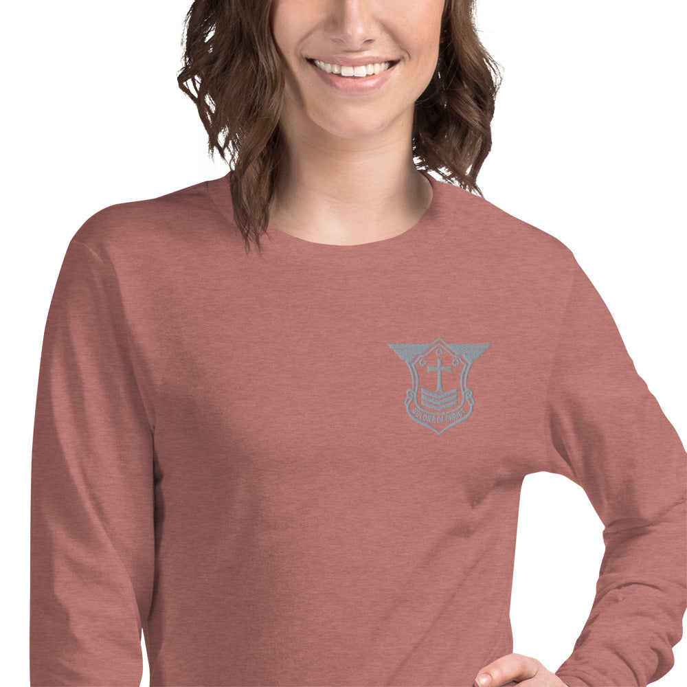 Unisex Long Sleeve T-Shirt with Grey Embroidered Soldier of Christ Emblem