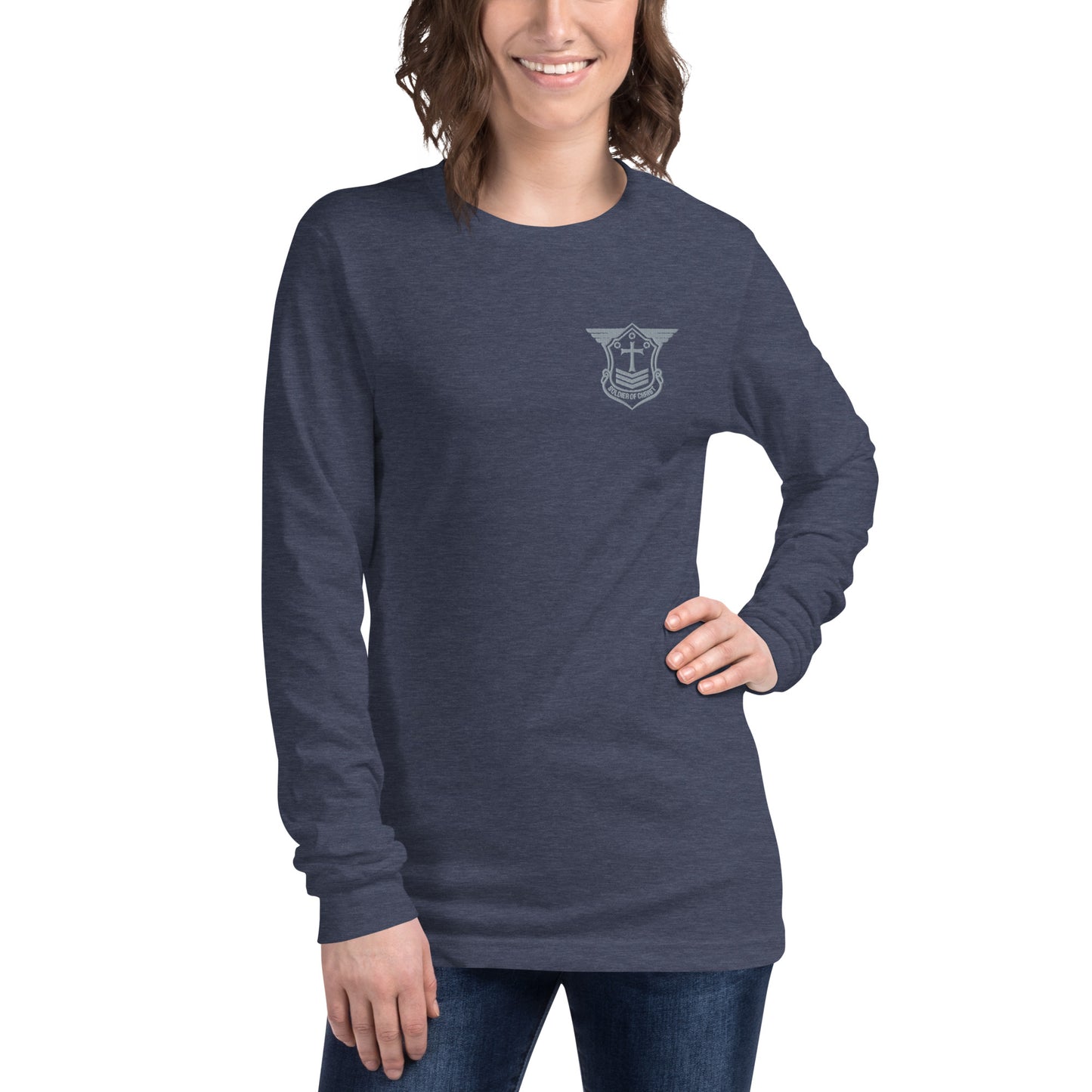 Unisex Long Sleeve T-Shirt with Grey Embroidered Soldier of Christ Emblem