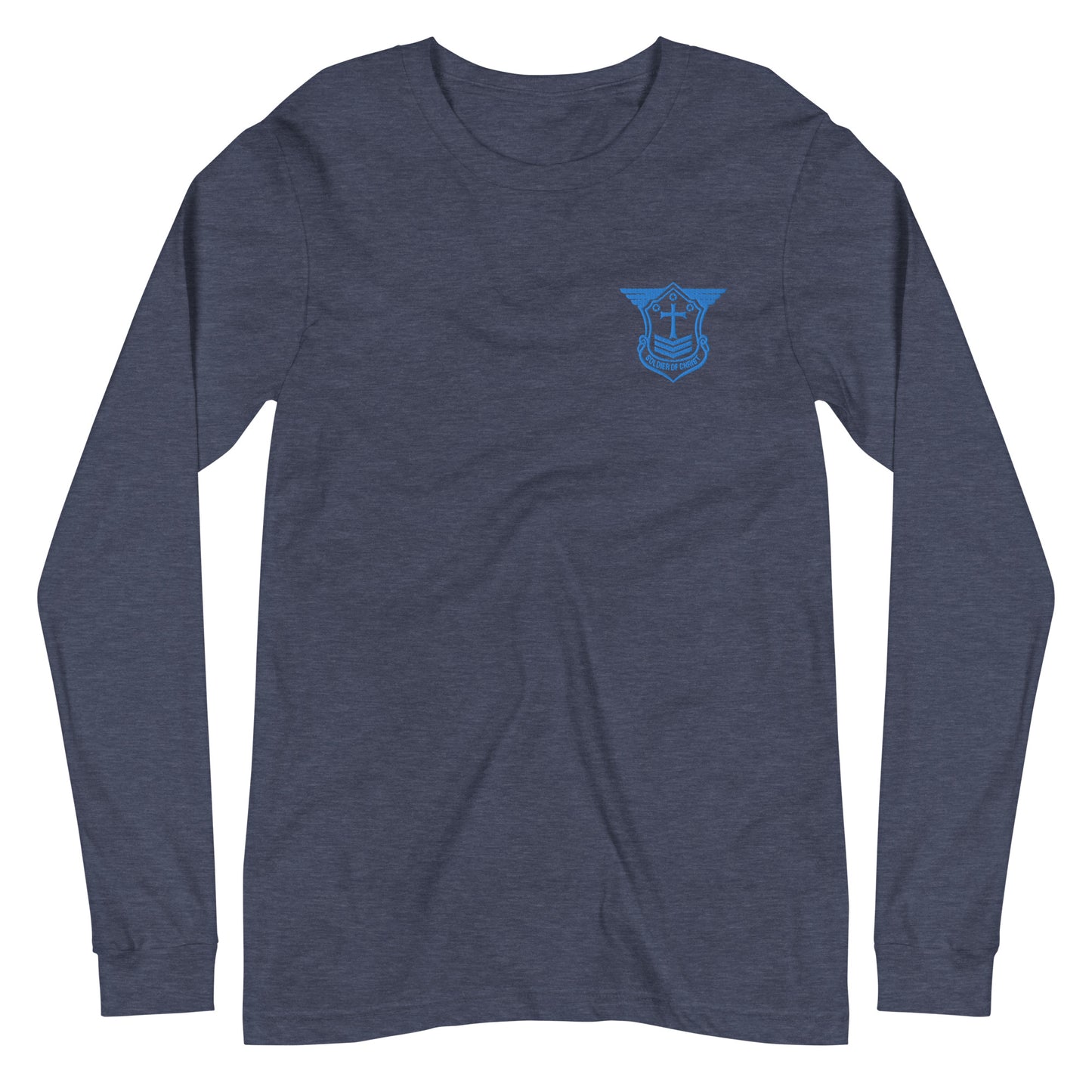 Unisex Long Sleeve T-Shirt with Aqua Teal Embroidered Soldier of Christ Emblem