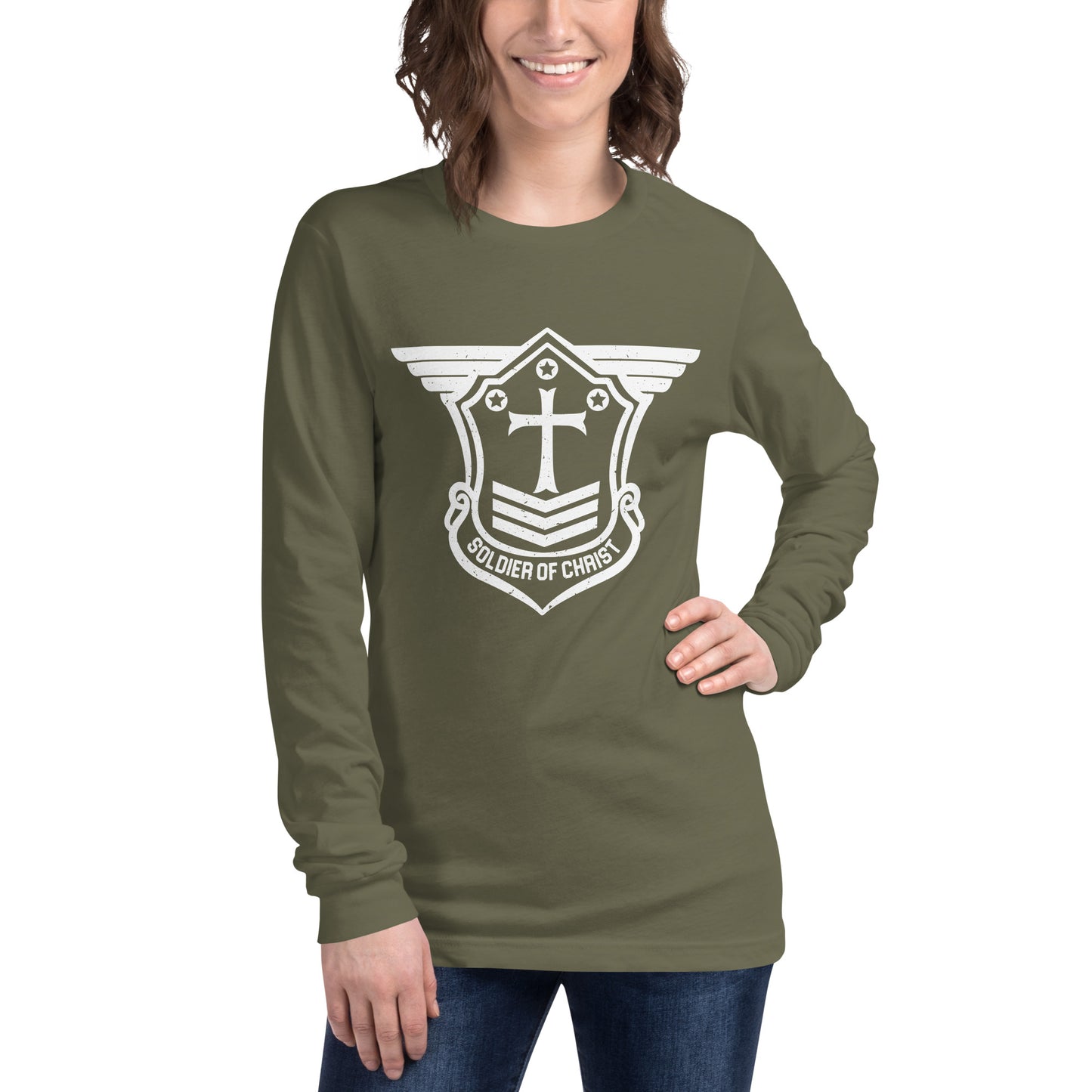 Unisex Long Sleeve T-Shirt with White Soldier of Christ Emblem Front