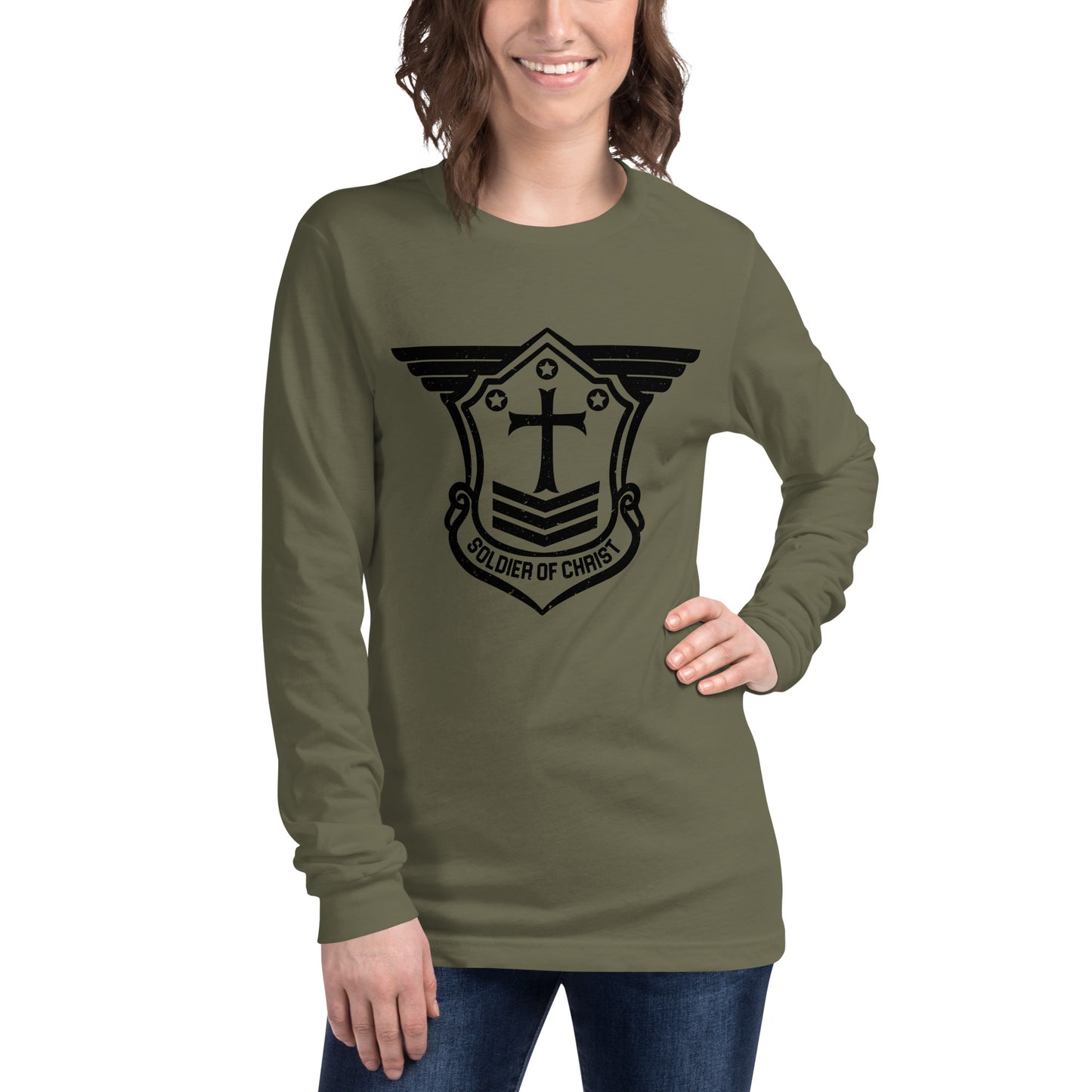 Unisex Long Sleeve T-Shirt with Black Soldier of Christ Emblem Front