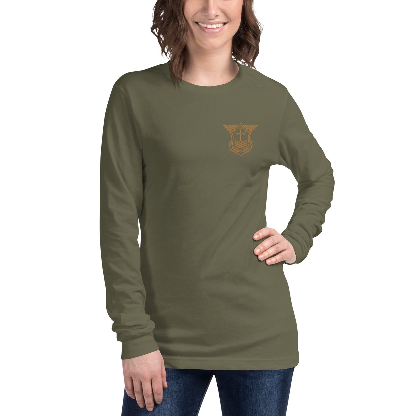 Unisex Long Sleeve T-Shirt with Old Gold Embroidered Soldier of Christ Emblem