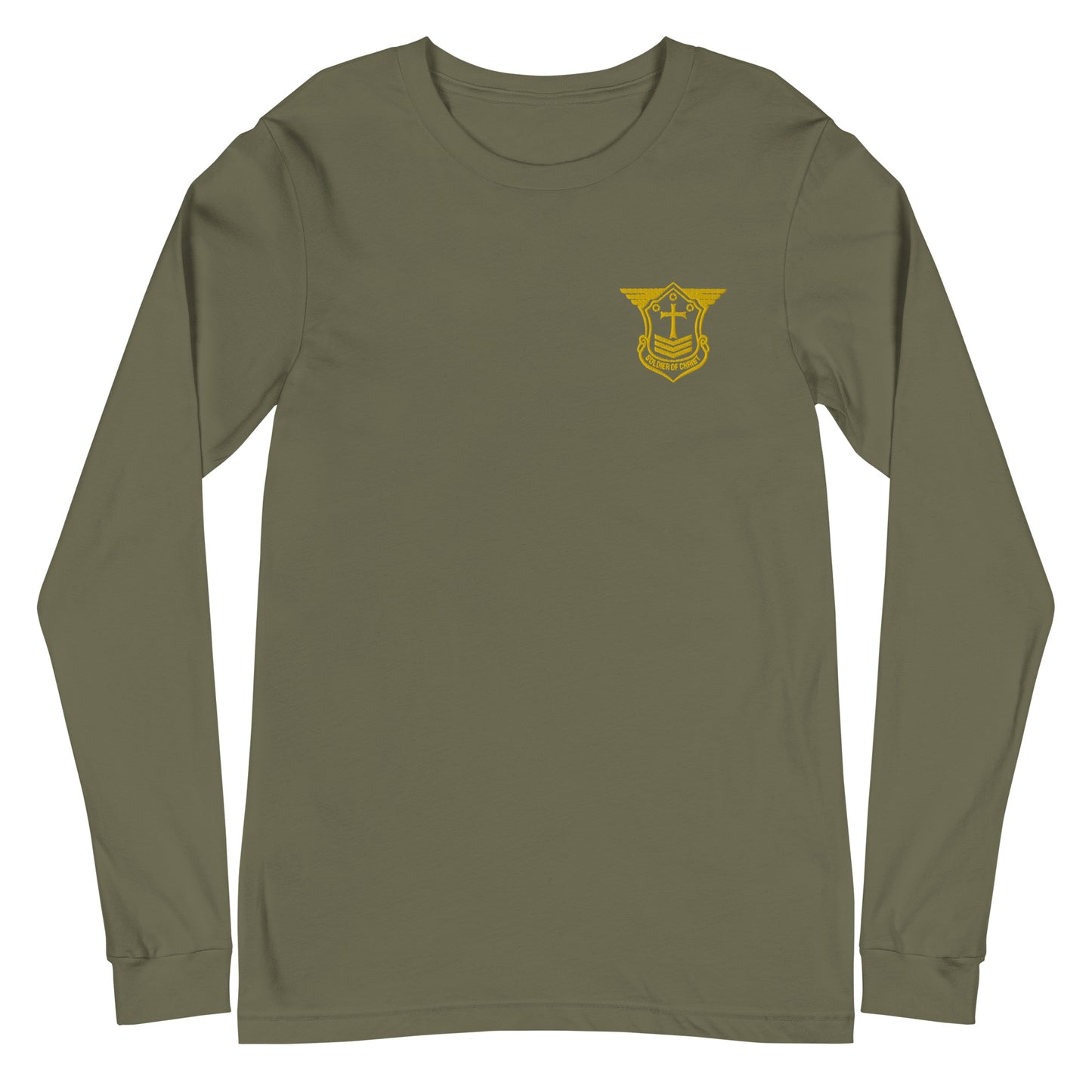 Unisex Long Sleeve T-Shirt with Gold Embroidered Soldier of Christ Emblem