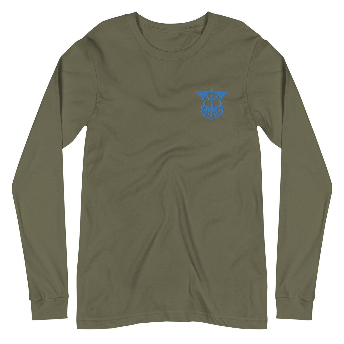 Unisex Long Sleeve T-Shirt with Aqua Teal Embroidered Soldier of Christ Emblem