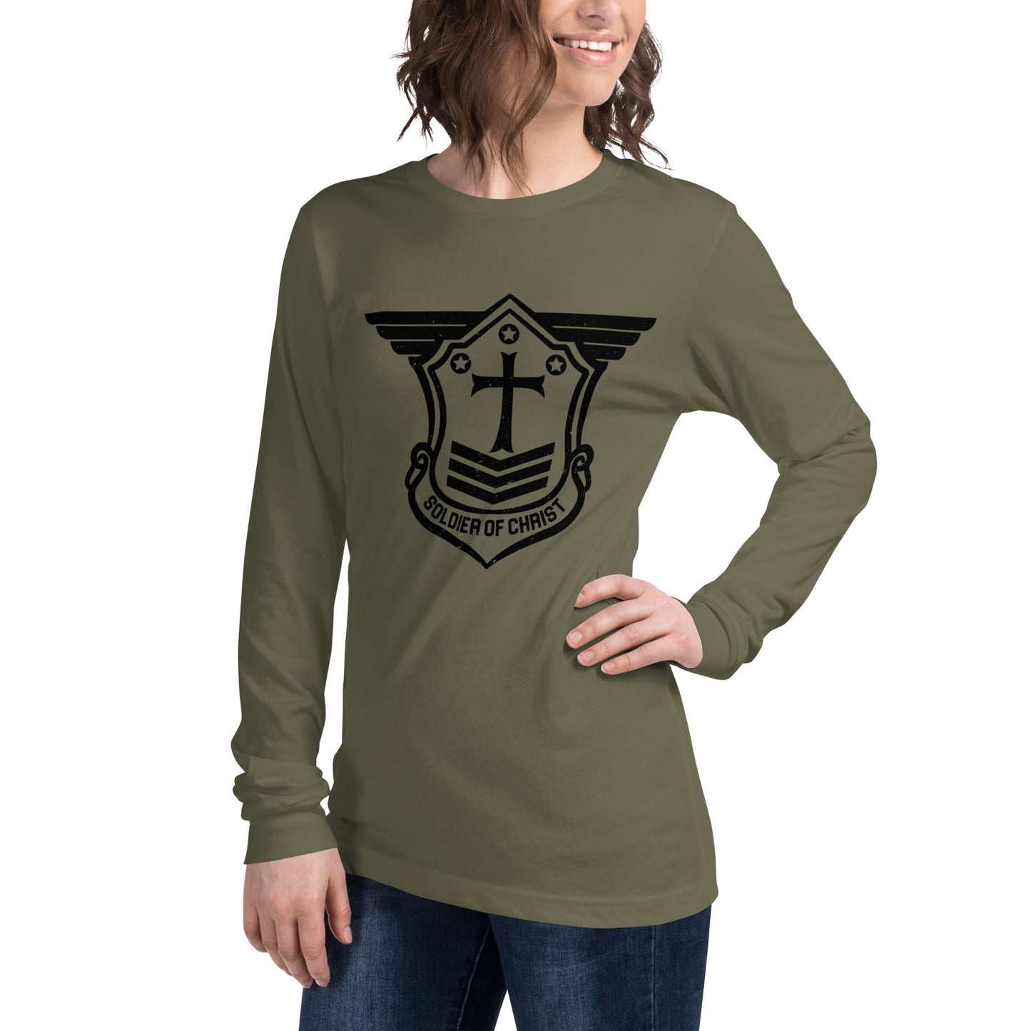 Unisex Long Sleeve T-Shirt with Black Soldier of Christ Emblem Front