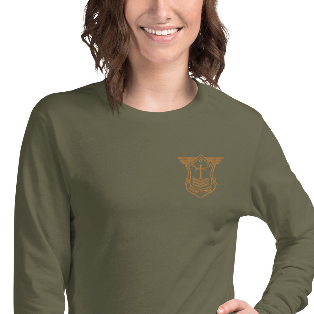 Unisex Long Sleeve T-Shirt with Old Gold Embroidered Soldier of Christ Emblem