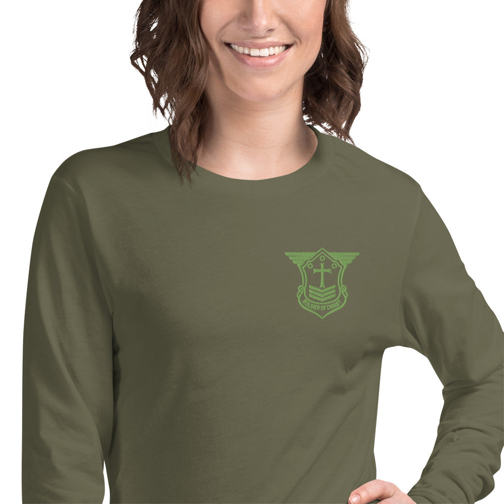 Unisex Long Sleeve T-Shirt with Kiwi Green Embroidered Soldier of Christ Emblem