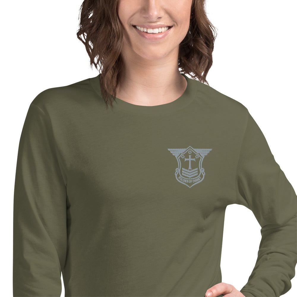 Unisex Long Sleeve T-Shirt with Grey Embroidered Soldier of Christ Emblem