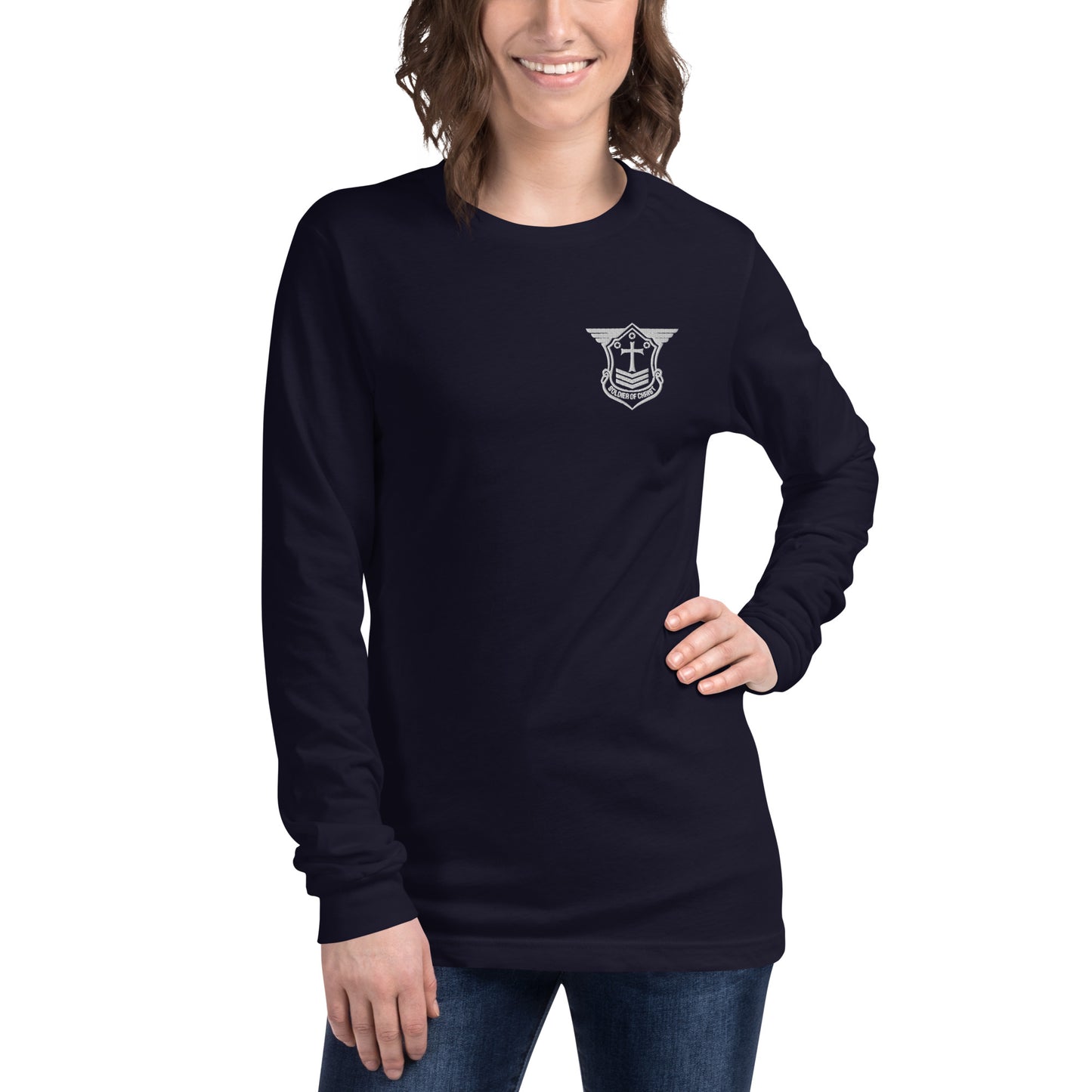 Unisex Long Sleeve T-Shirt with White Embroidered Soldier of Christ Emblem