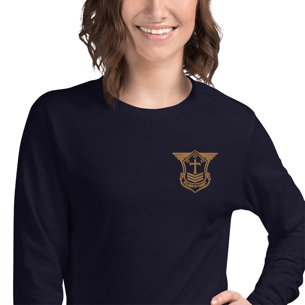 Unisex Long Sleeve T-Shirt with Old Gold Embroidered Soldier of Christ Emblem