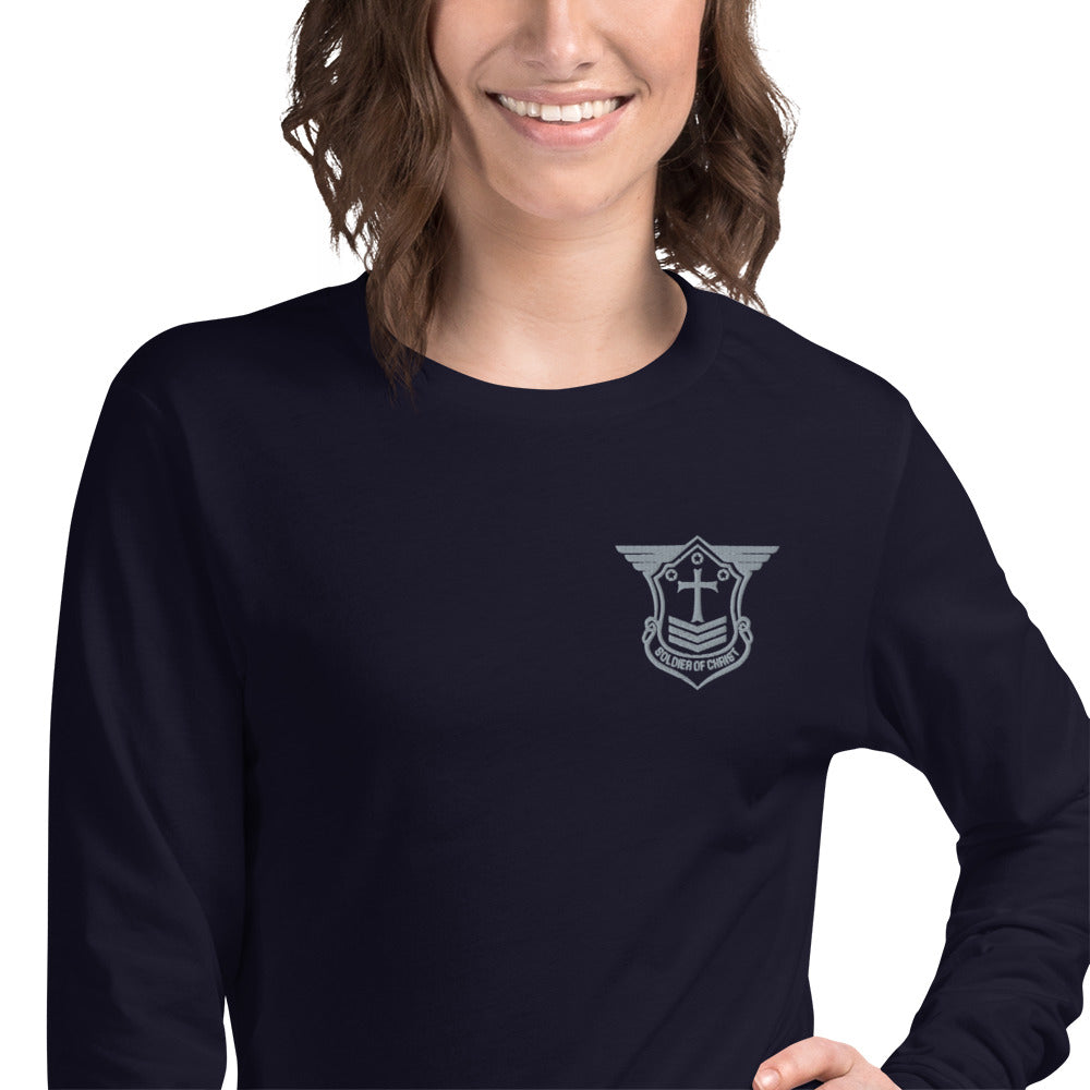 Unisex Long Sleeve T-Shirt with Grey Embroidered Soldier of Christ Emblem