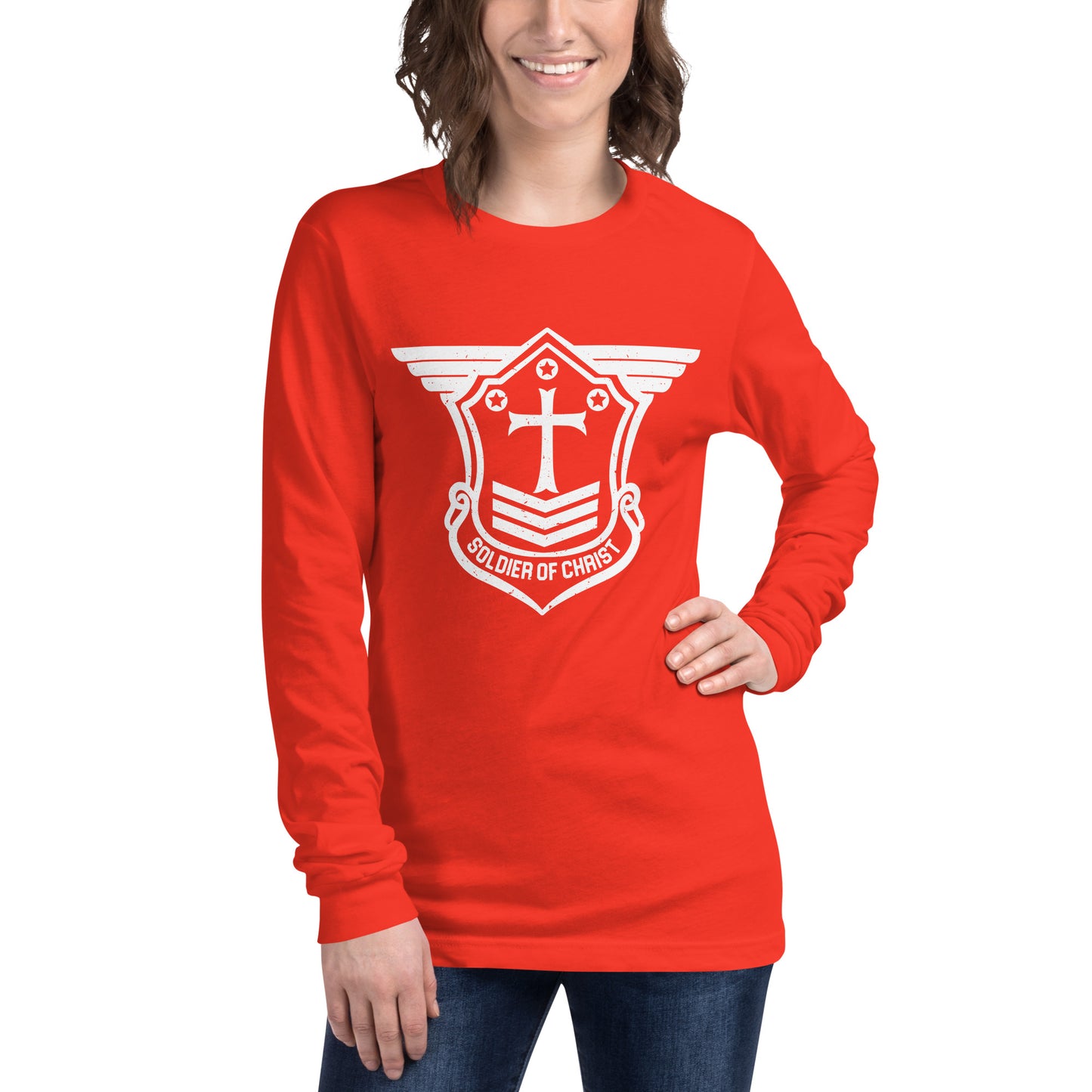 Unisex Long Sleeve T-Shirt with White Soldier of Christ Emblem Front