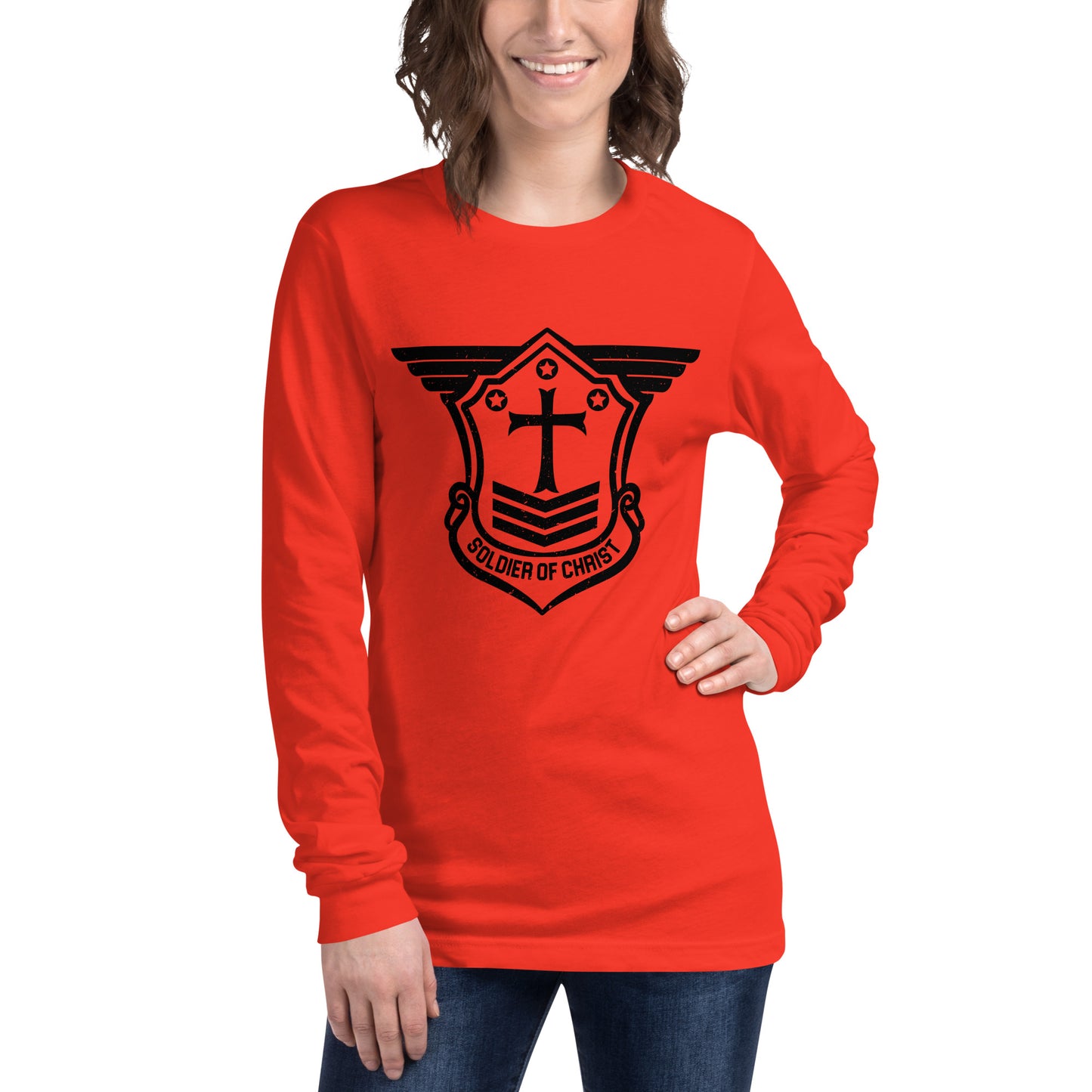 Unisex Long Sleeve T-Shirt with Black Soldier of Christ Emblem Front