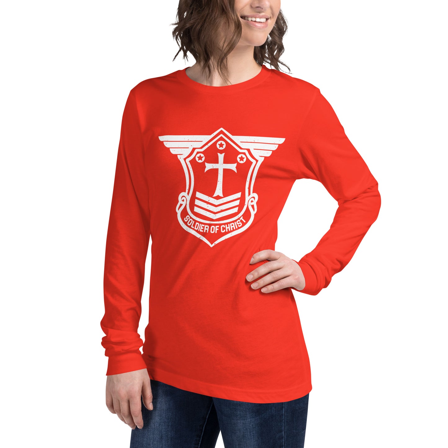 Unisex Long Sleeve T-Shirt with White Soldier of Christ Emblem Front