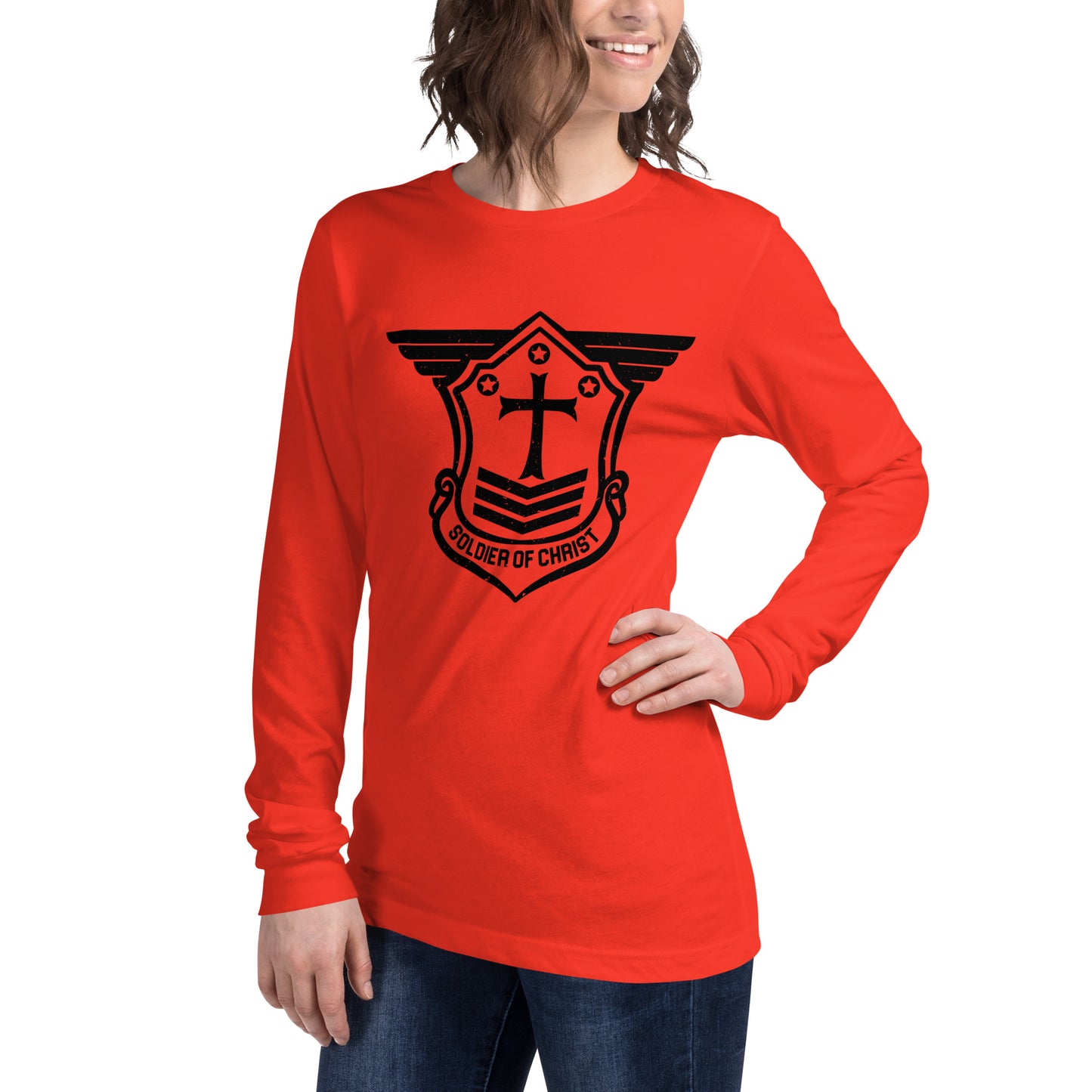 Unisex Long Sleeve T-Shirt with Black Soldier of Christ Emblem Front