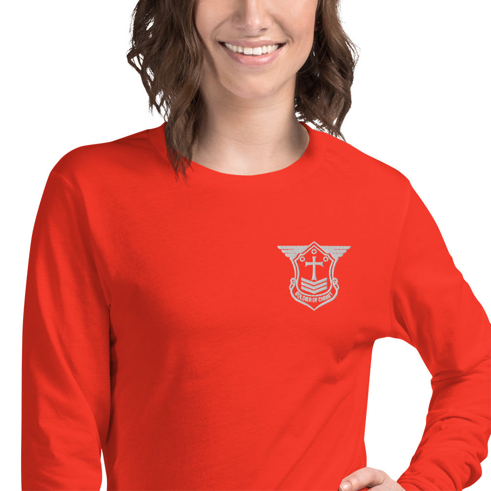 Unisex Long Sleeve T-Shirt with White Embroidered Soldier of Christ Emblem