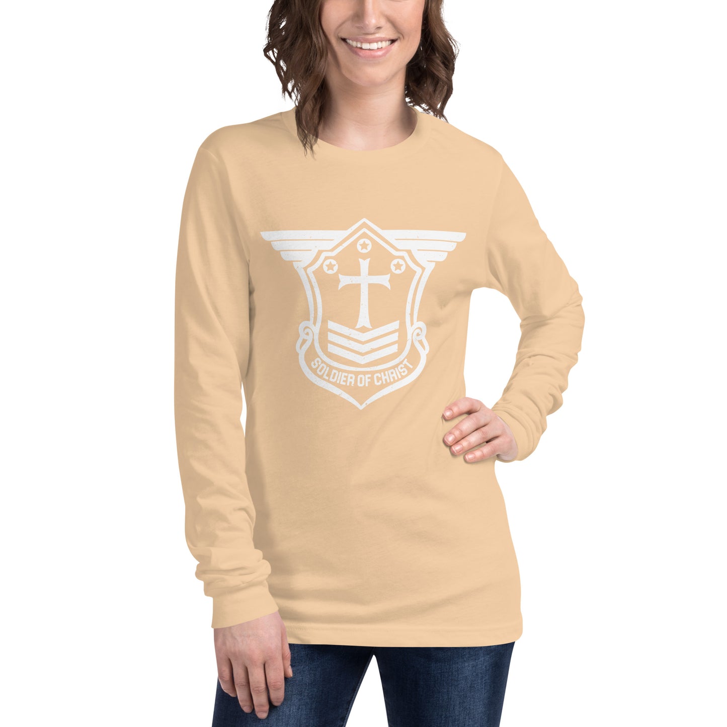 Unisex Long Sleeve T-Shirt with White Soldier of Christ Emblem Front