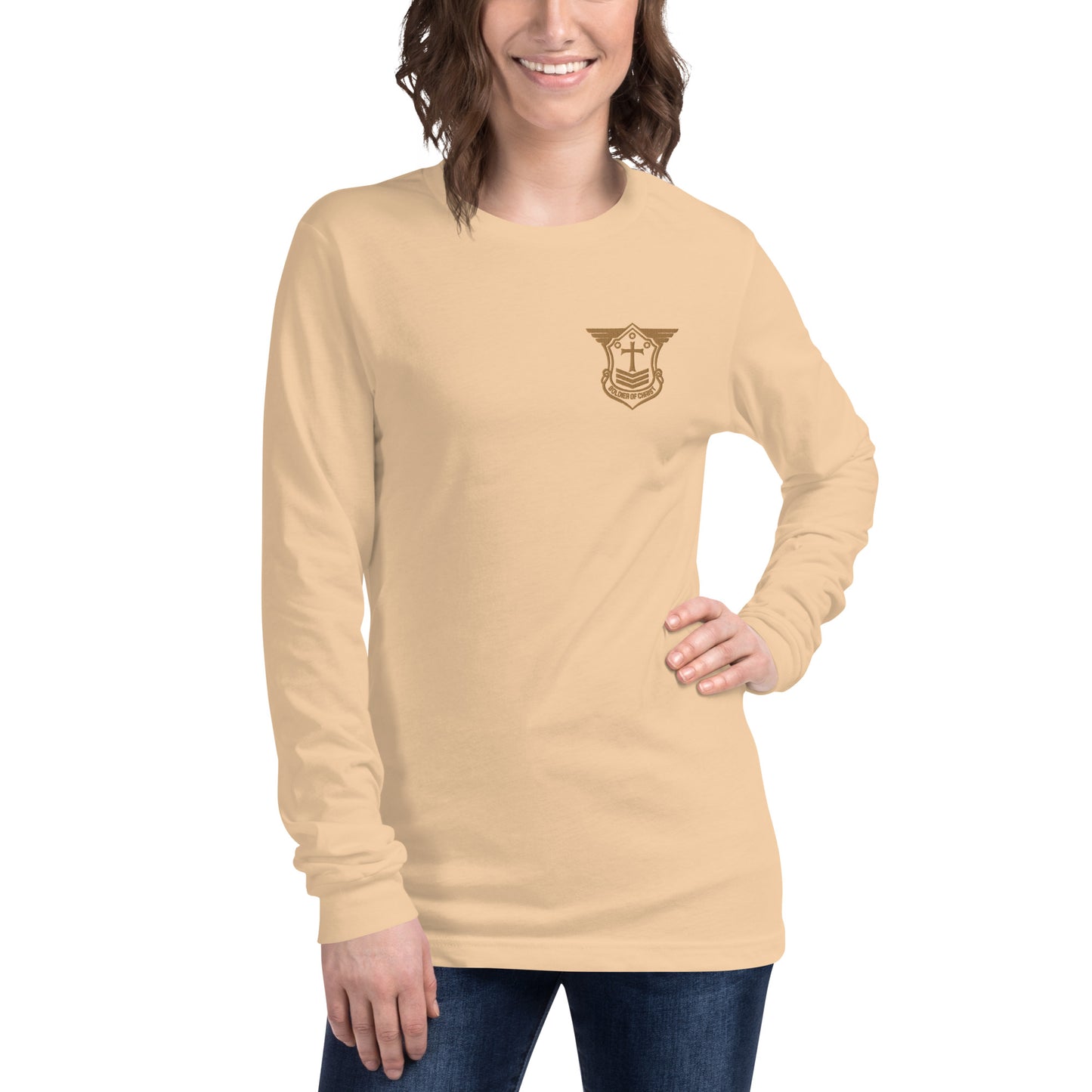 Unisex Long Sleeve T-Shirt with Old Gold Embroidered Soldier of Christ Emblem