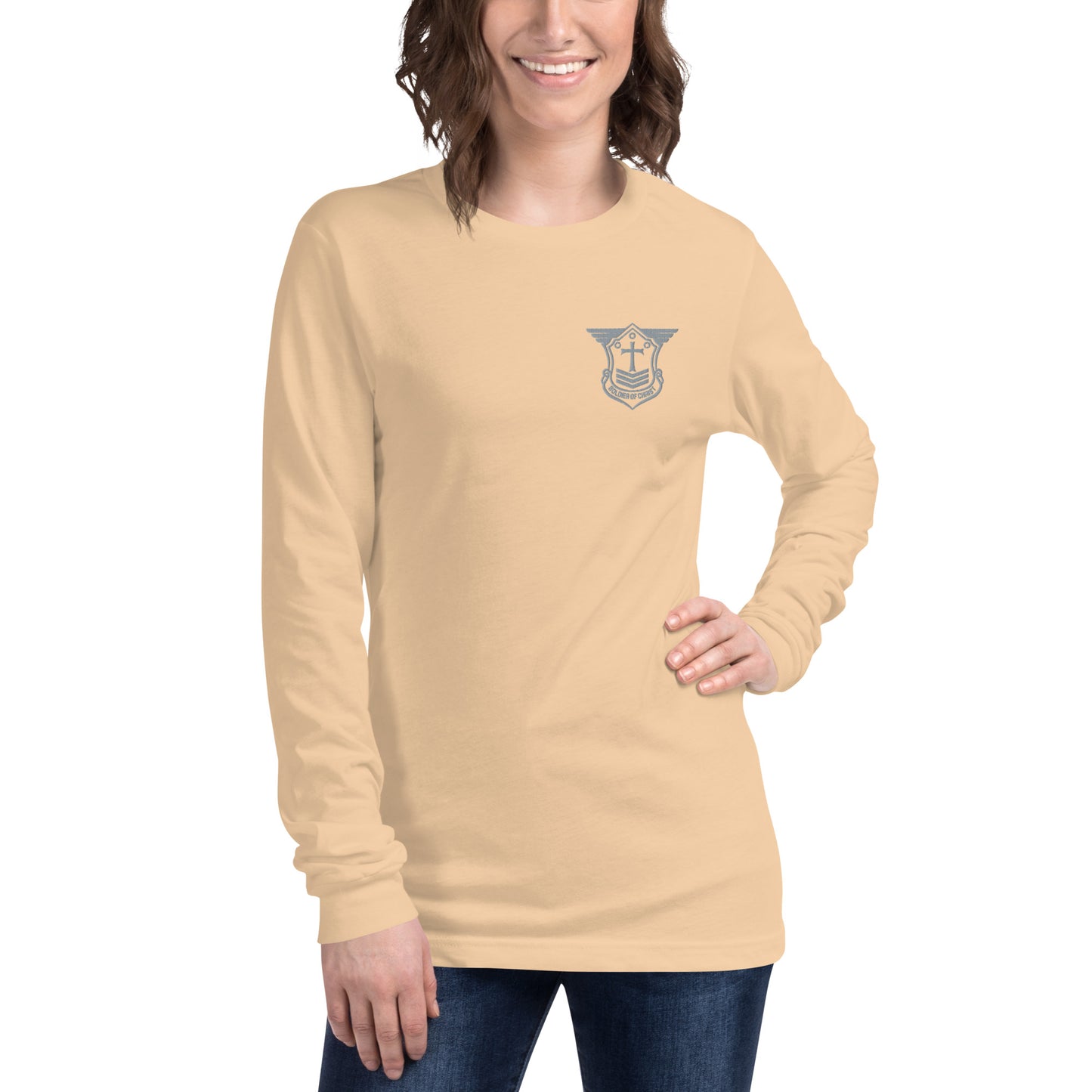 Unisex Long Sleeve T-Shirt with Grey Embroidered Soldier of Christ Emblem