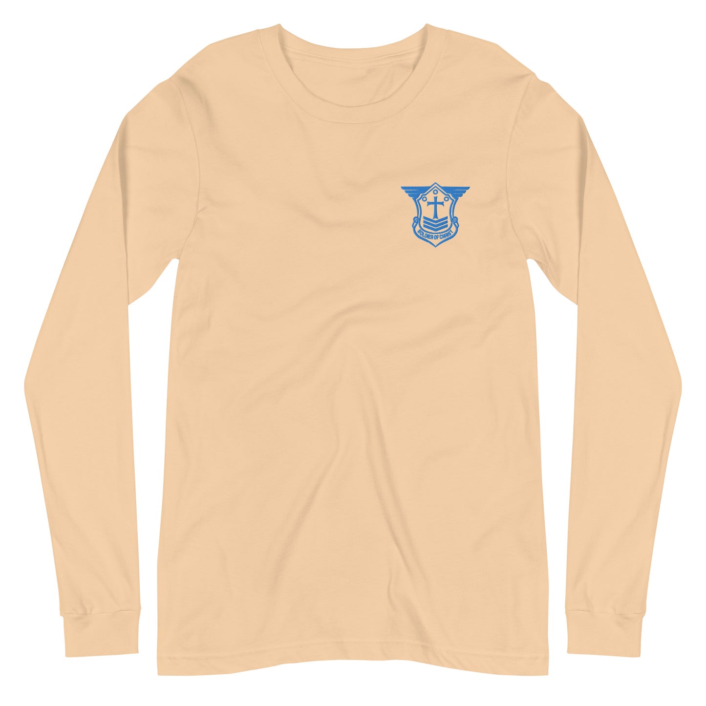 Unisex Long Sleeve T-Shirt with Aqua Teal Embroidered Soldier of Christ Emblem