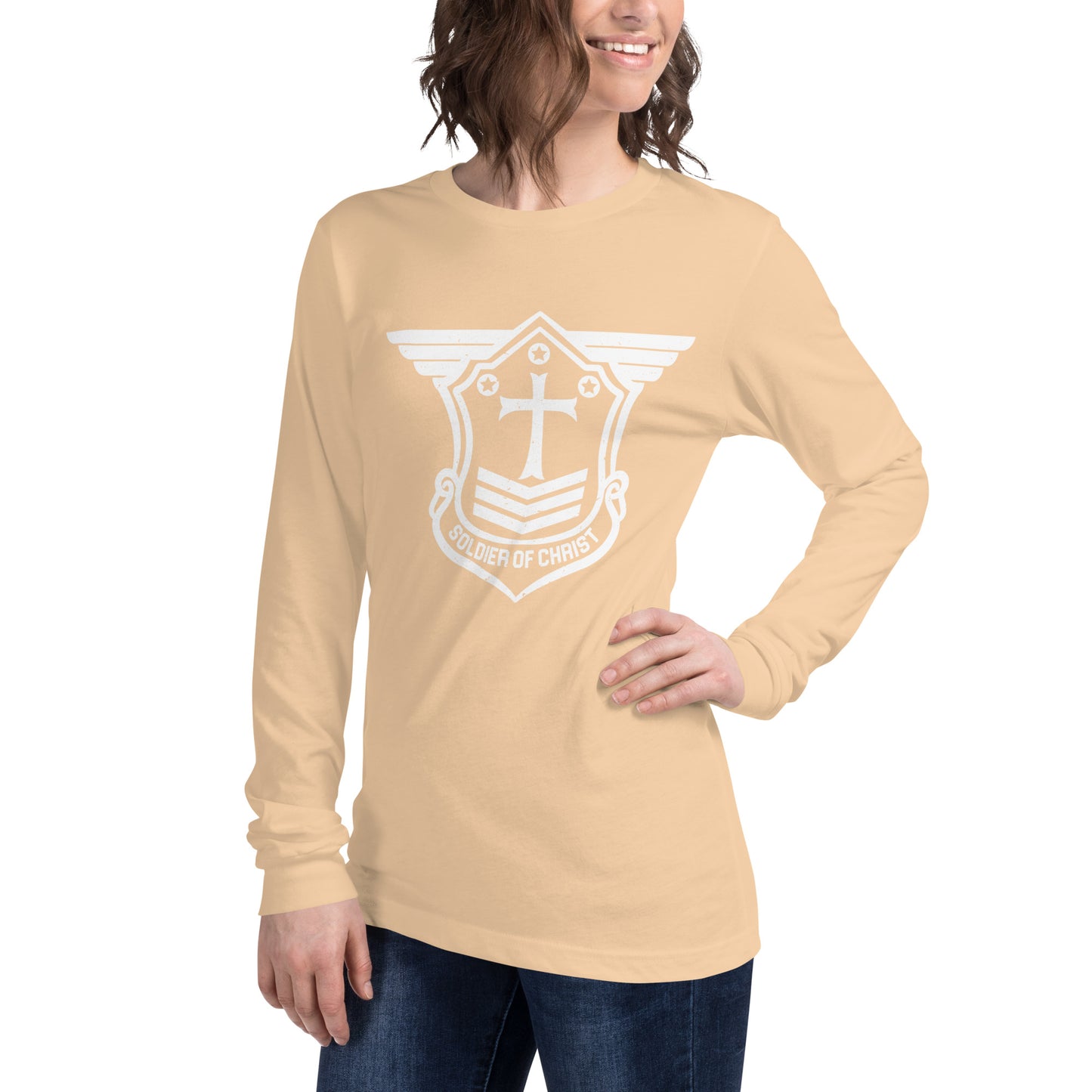 Unisex Long Sleeve T-Shirt with White Soldier of Christ Emblem Front