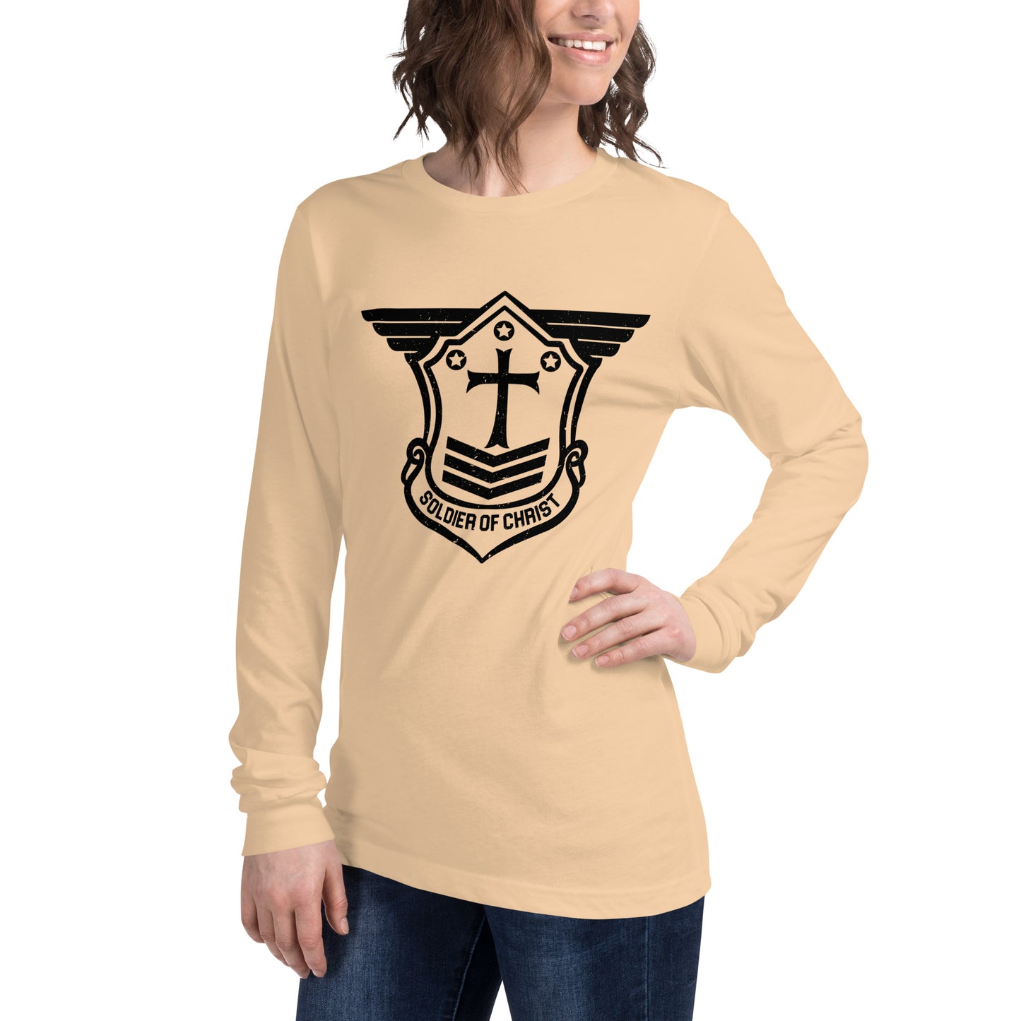 Unisex Long Sleeve T-Shirt with Black Soldier of Christ Emblem Front