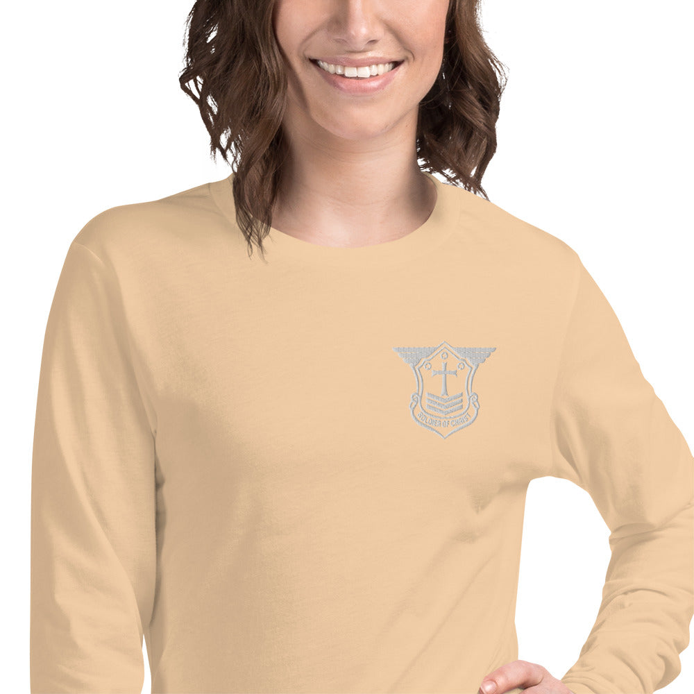 Unisex Long Sleeve T-Shirt with White Embroidered Soldier of Christ Emblem