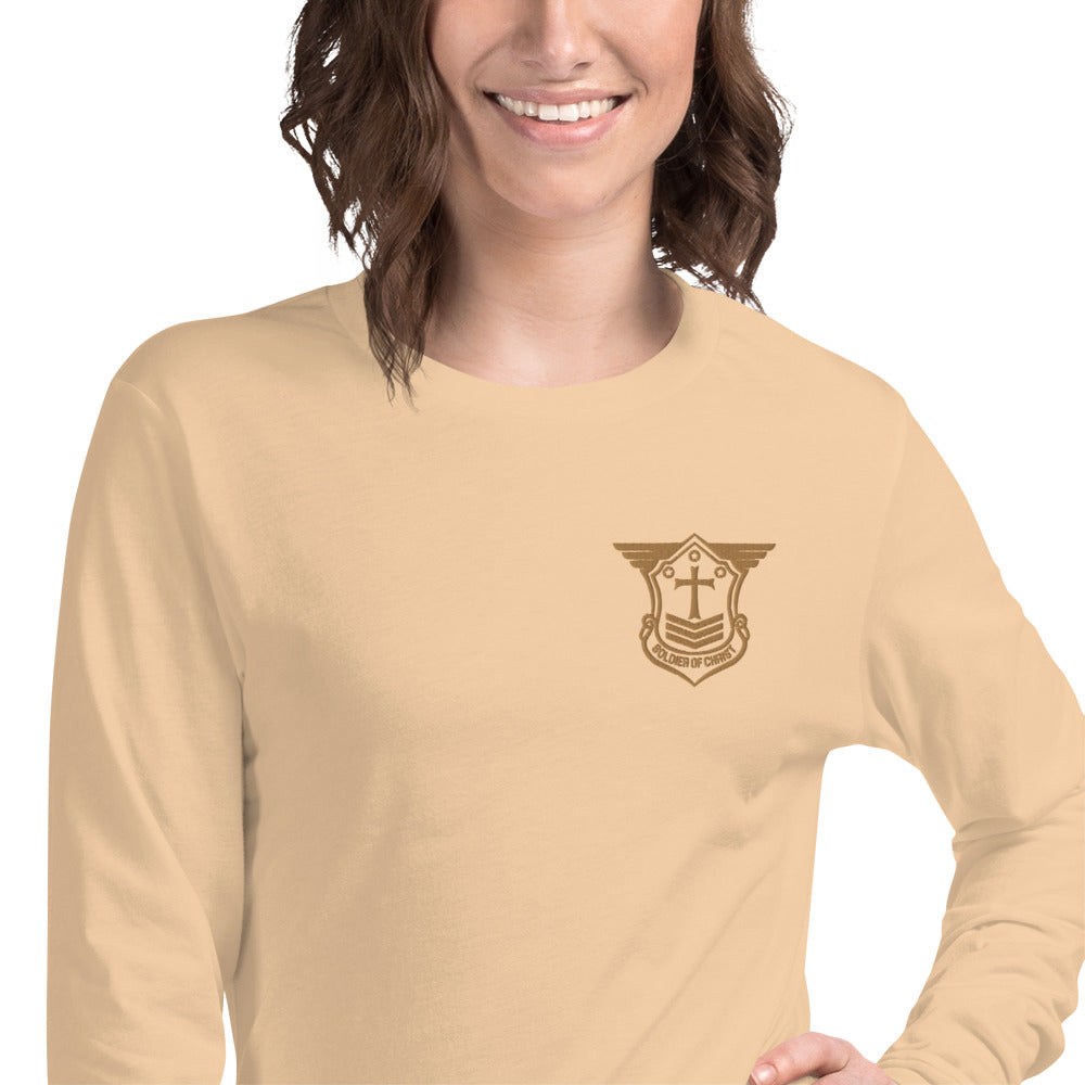 Unisex Long Sleeve T-Shirt with Old Gold Embroidered Soldier of Christ Emblem