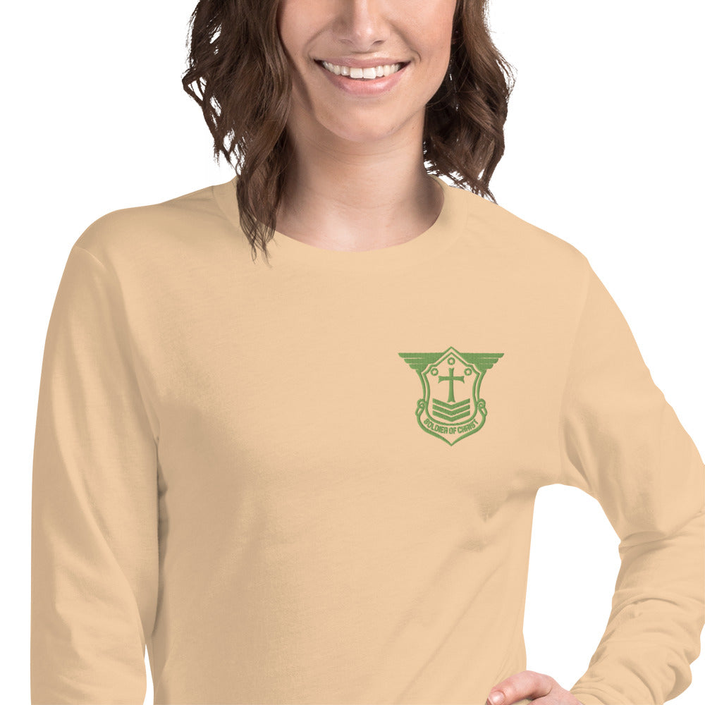 Unisex Long Sleeve T-Shirt with Kiwi Green Embroidered Soldier of Christ Emblem