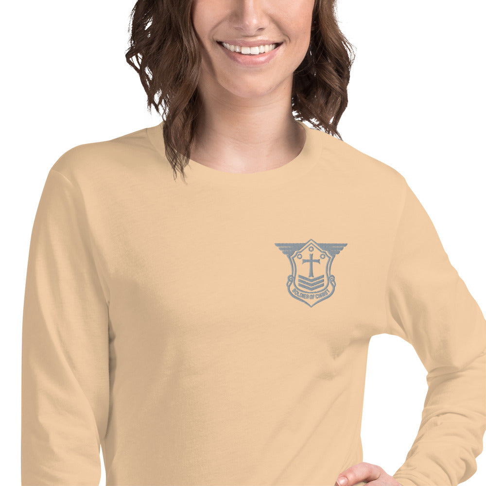 Unisex Long Sleeve T-Shirt with Grey Embroidered Soldier of Christ Emblem