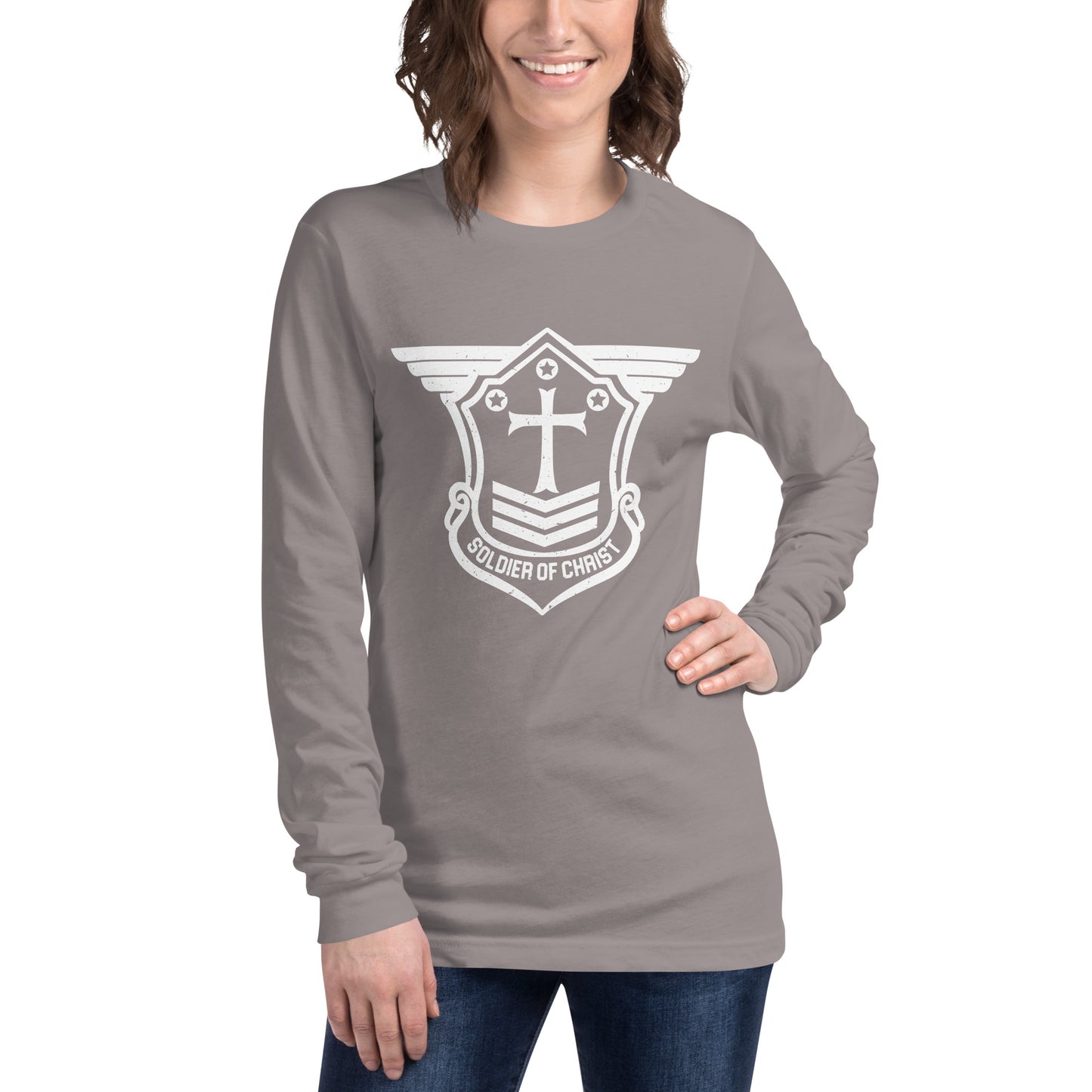 Unisex Long Sleeve T-Shirt with White Soldier of Christ Emblem Front