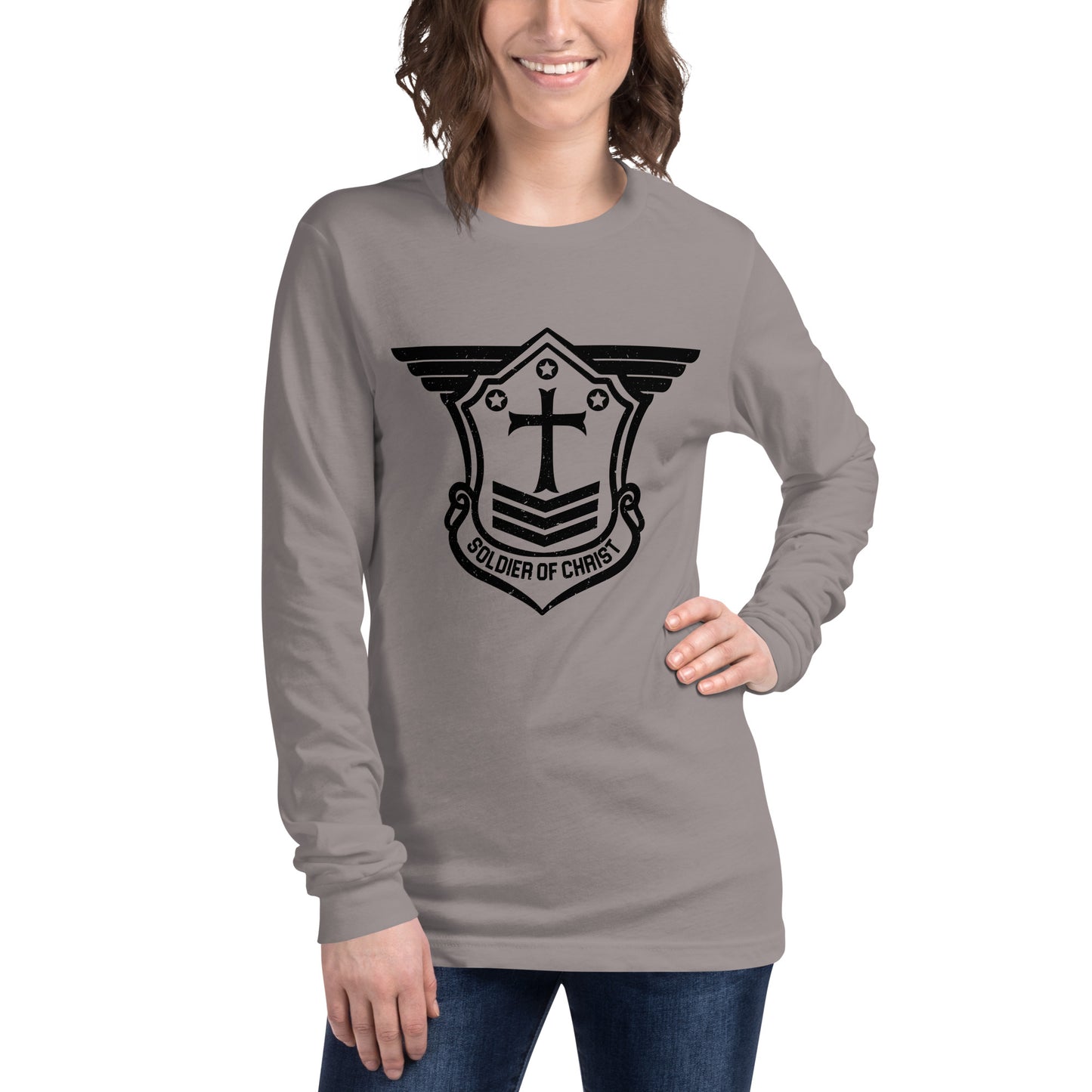 Unisex Long Sleeve T-Shirt with Black Soldier of Christ Emblem Front