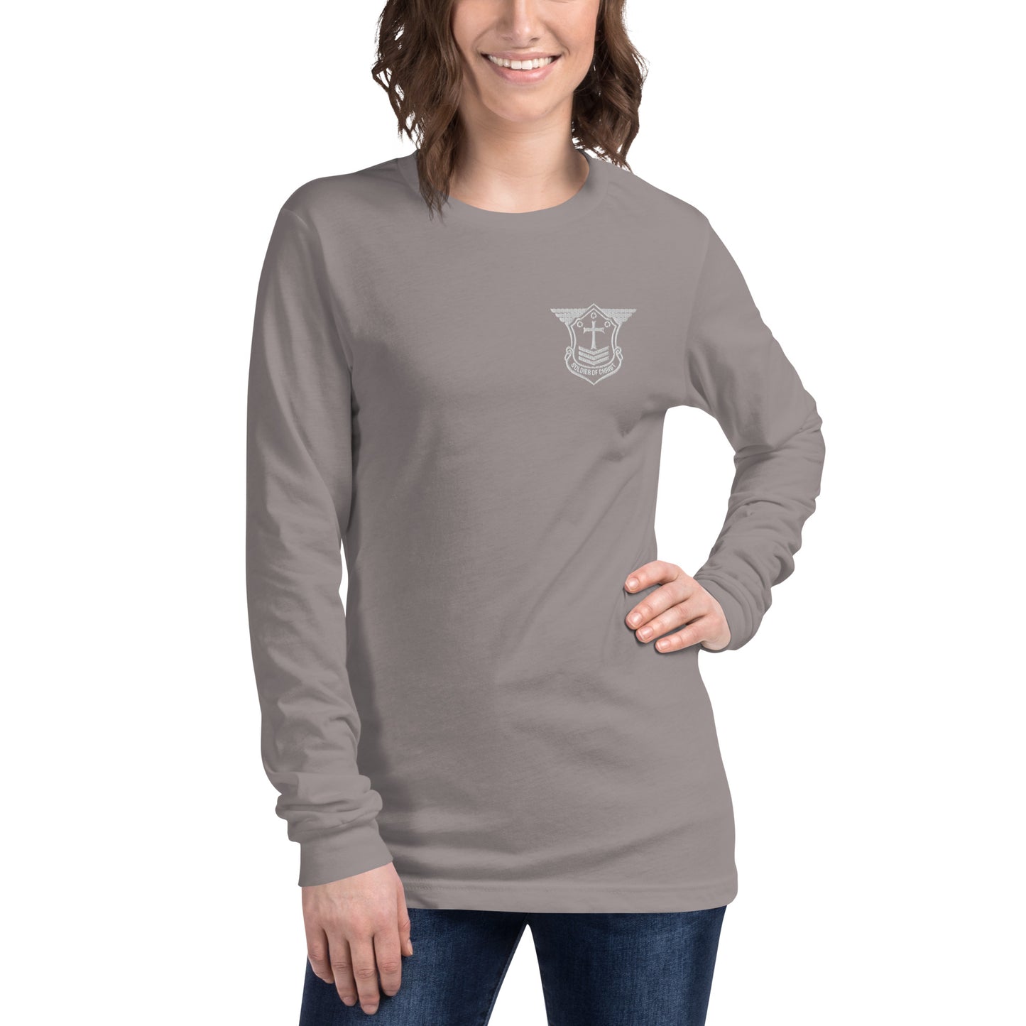 Unisex Long Sleeve T-Shirt with White Embroidered Soldier of Christ Emblem