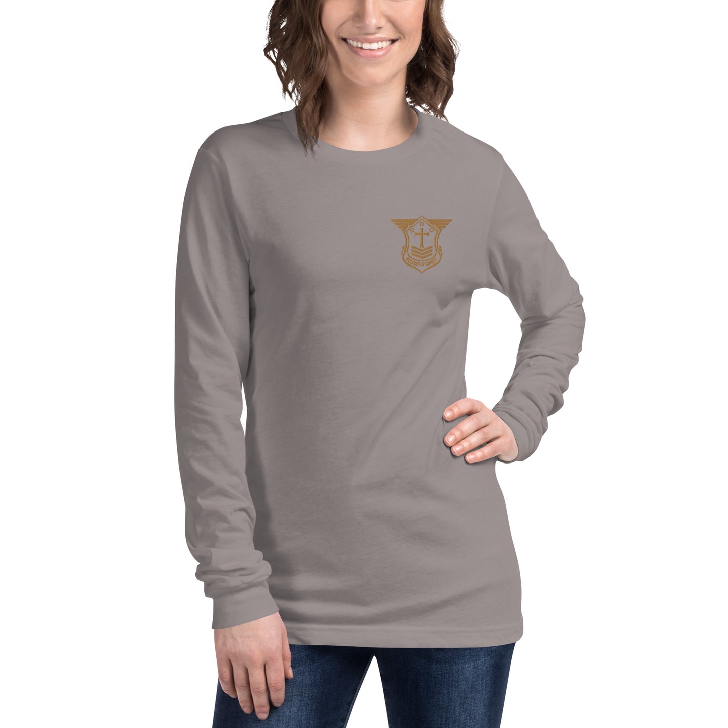 Unisex Long Sleeve T-Shirt with Old Gold Embroidered Soldier of Christ Emblem