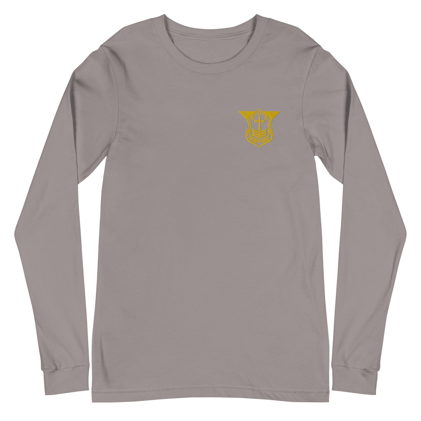 Unisex Long Sleeve T-Shirt with Gold Embroidered Soldier of Christ Emblem