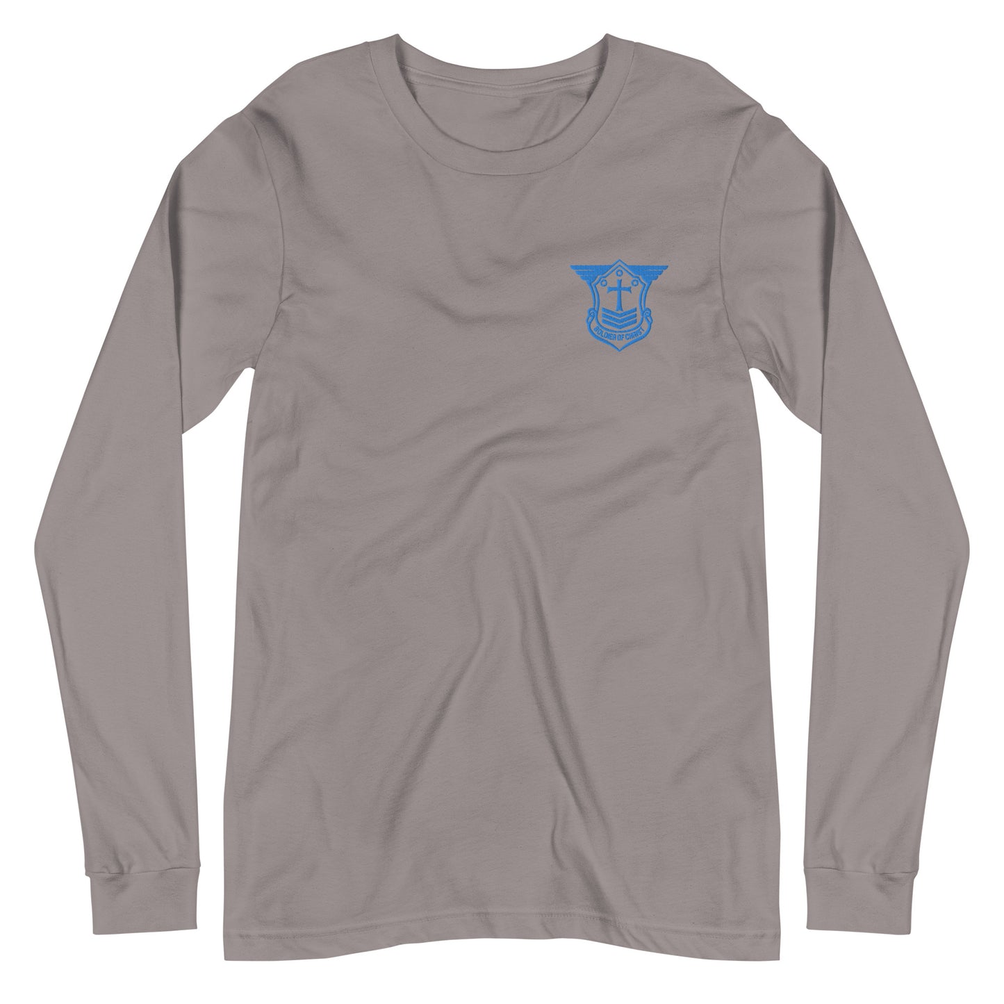 Unisex Long Sleeve T-Shirt with Aqua Teal Embroidered Soldier of Christ Emblem