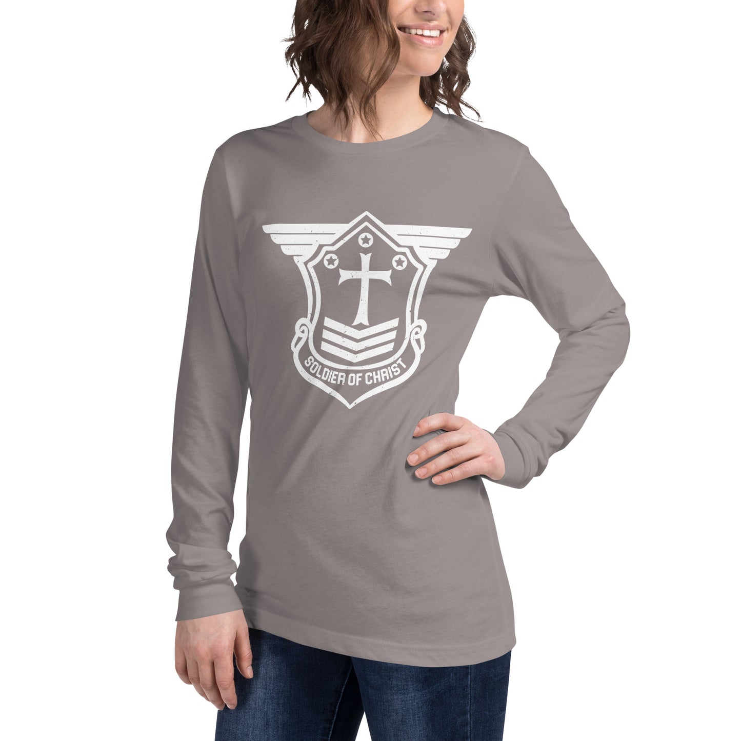 Unisex Long Sleeve T-Shirt with White Soldier of Christ Emblem Front