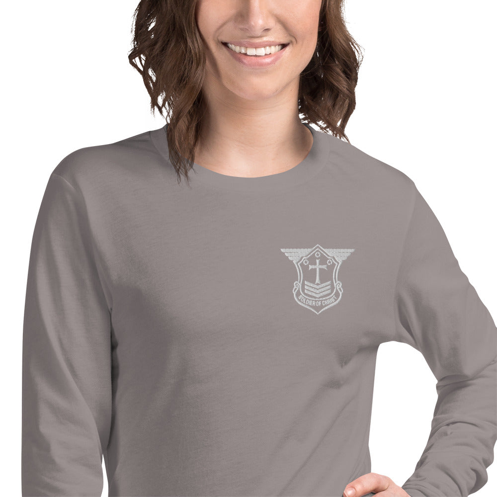 Unisex Long Sleeve T-Shirt with White Embroidered Soldier of Christ Emblem