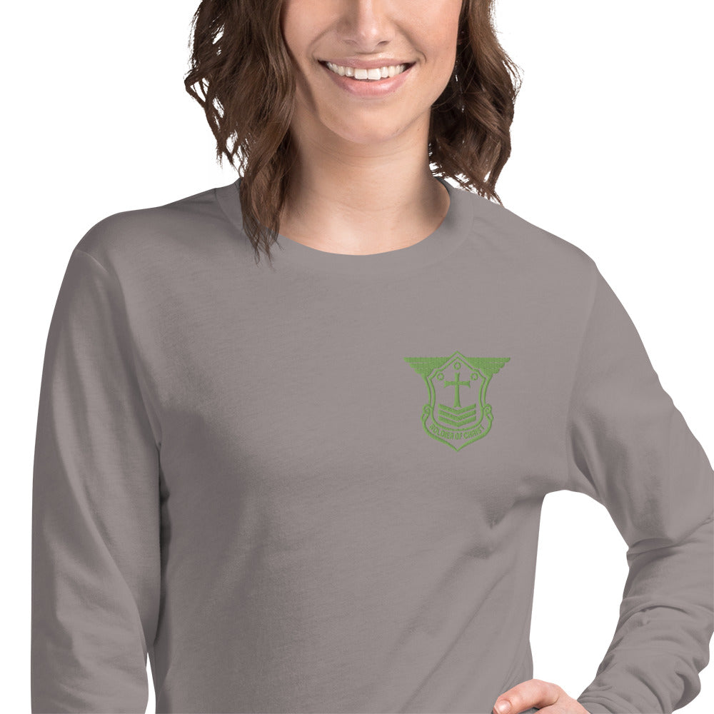 Unisex Long Sleeve T-Shirt with Kiwi Green Embroidered Soldier of Christ Emblem