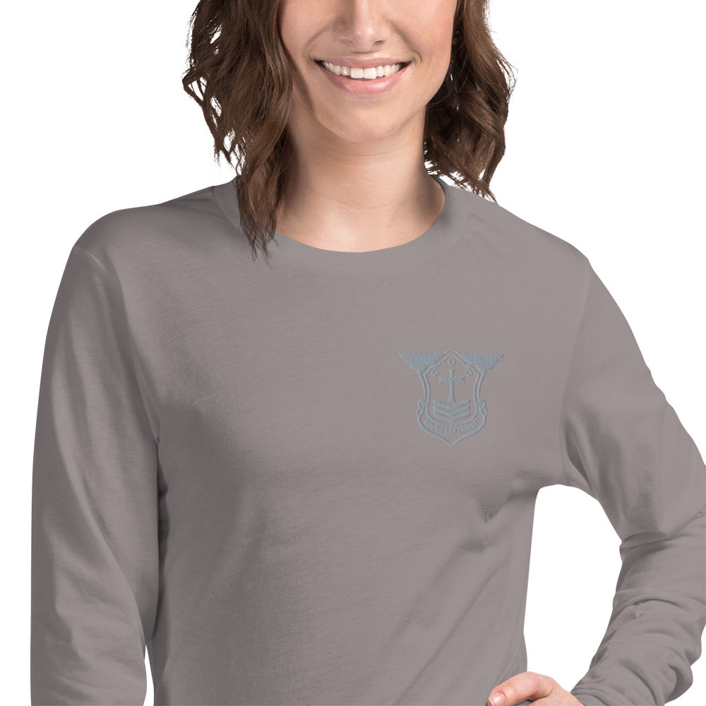 Unisex Long Sleeve T-Shirt with Grey Embroidered Soldier of Christ Emblem