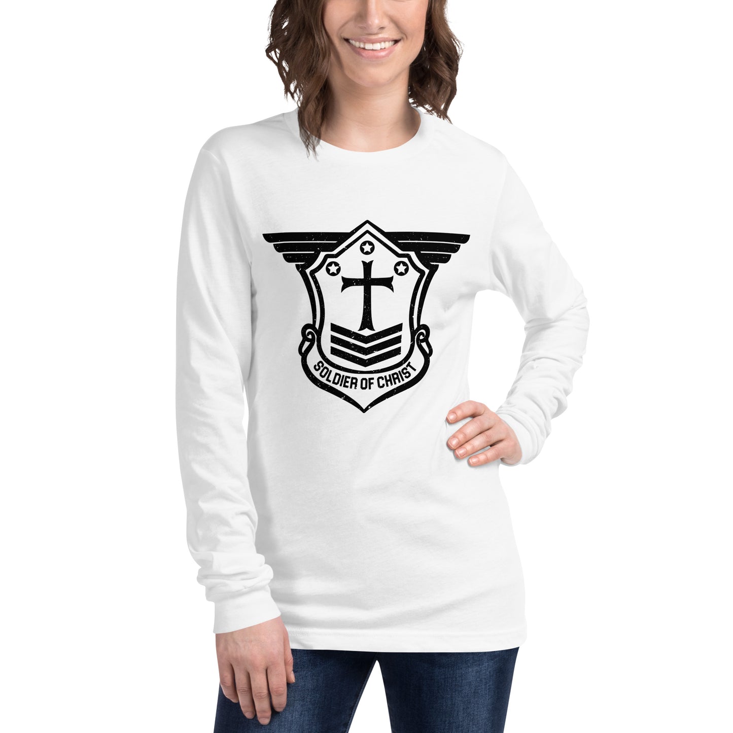 Unisex Long Sleeve T-Shirt with Black Soldier of Christ Emblem Front