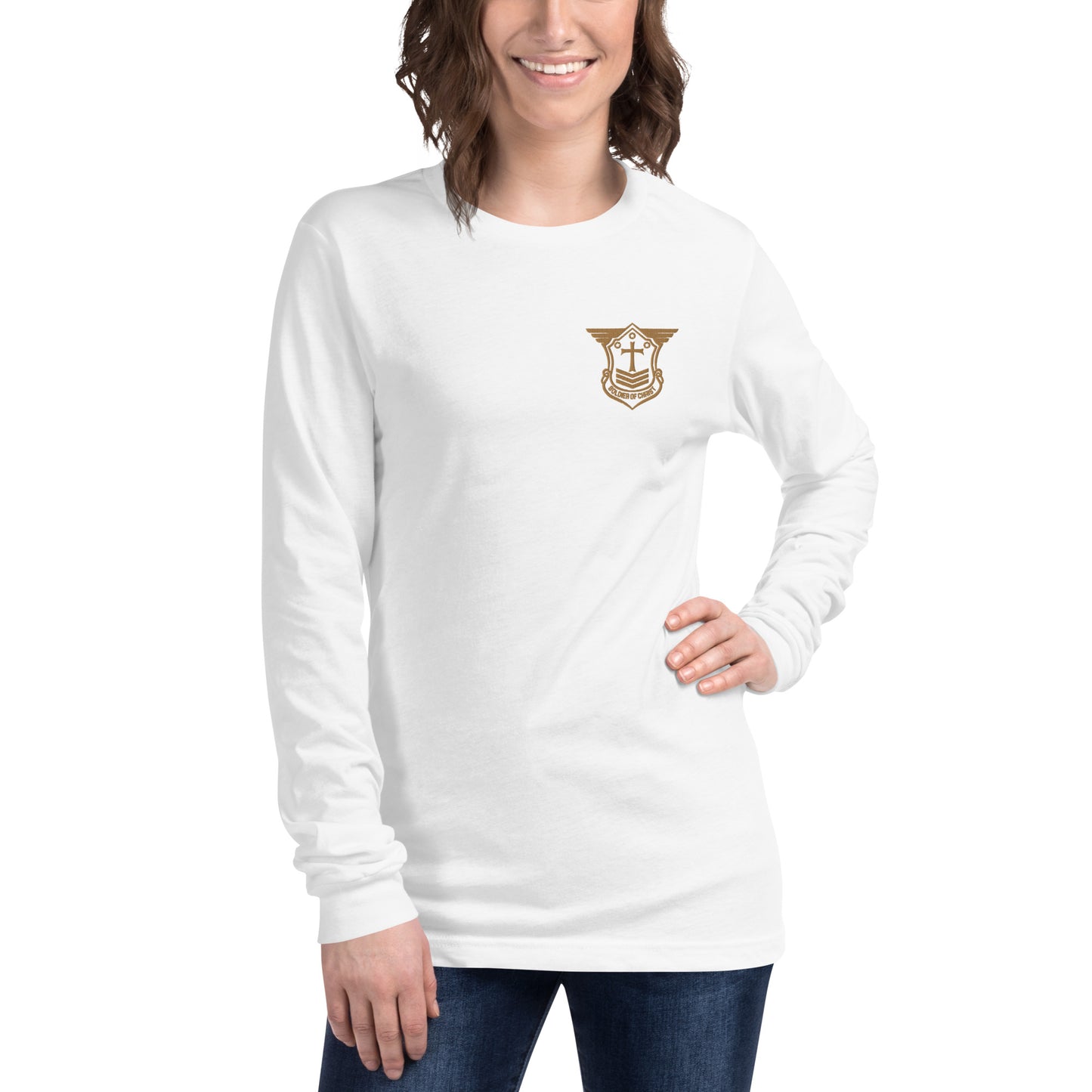 Unisex Long Sleeve T-Shirt with Old Gold Embroidered Soldier of Christ Emblem