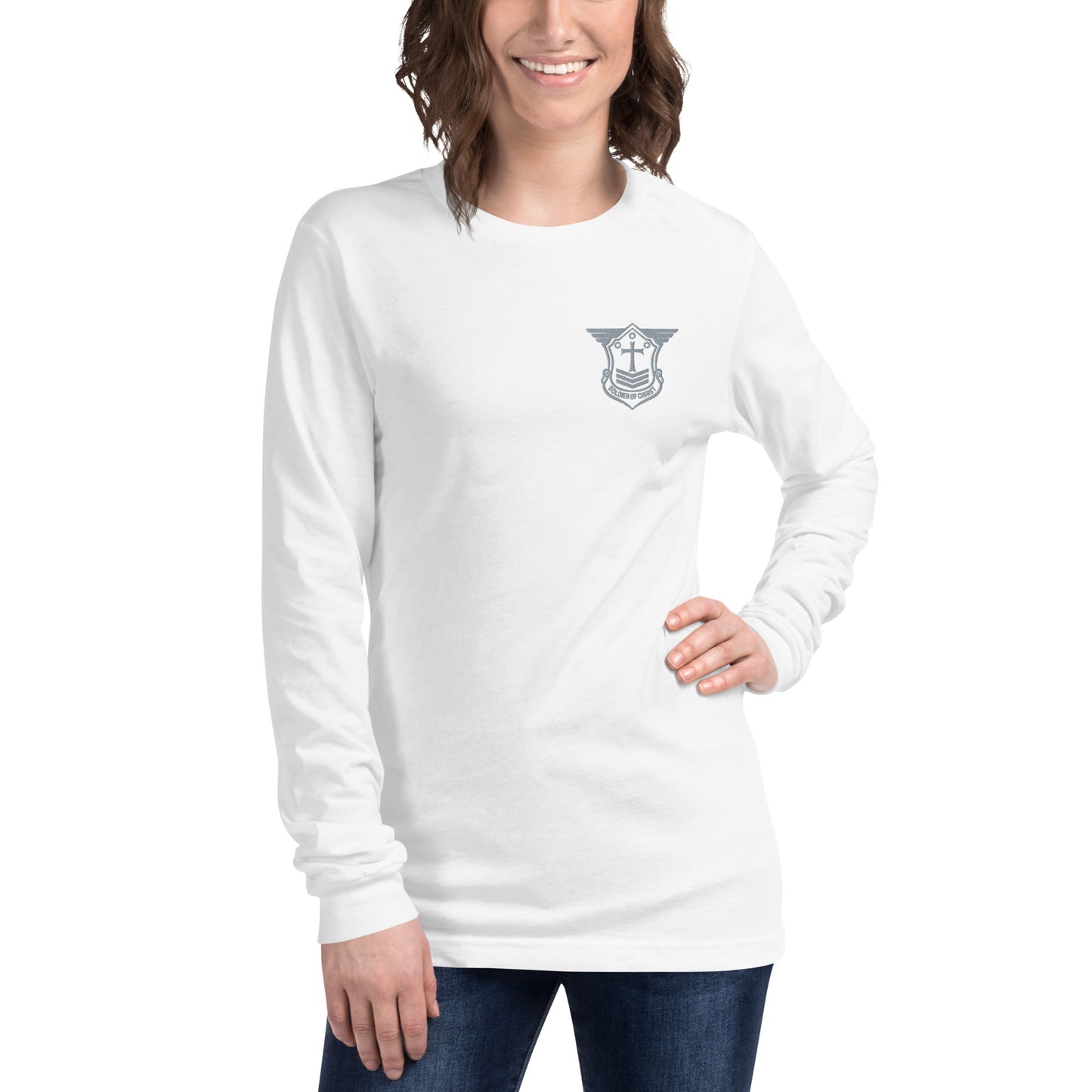 Unisex Long Sleeve T-Shirt with Grey Embroidered Soldier of Christ Emblem