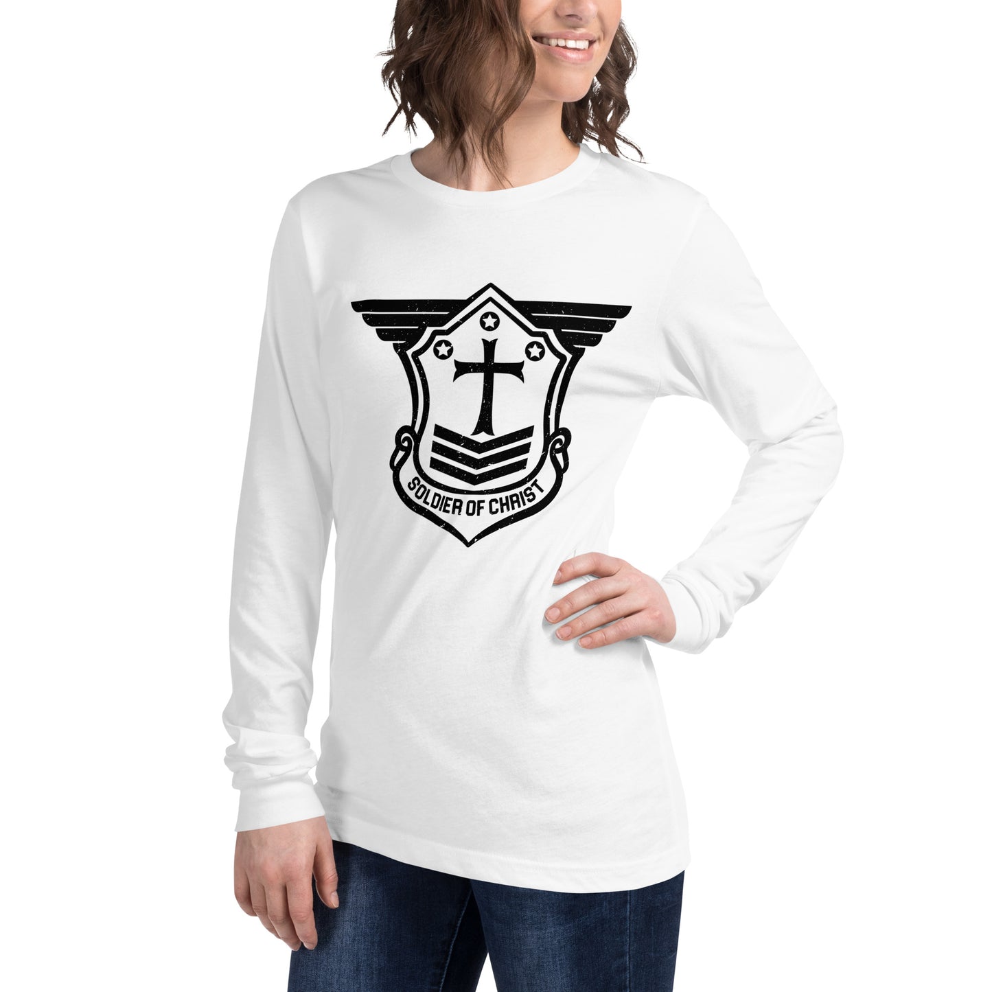 Unisex Long Sleeve T-Shirt with Black Soldier of Christ Emblem Front