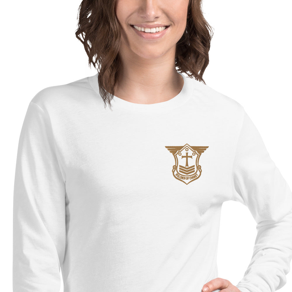 Unisex Long Sleeve T-Shirt with Old Gold Embroidered Soldier of Christ Emblem